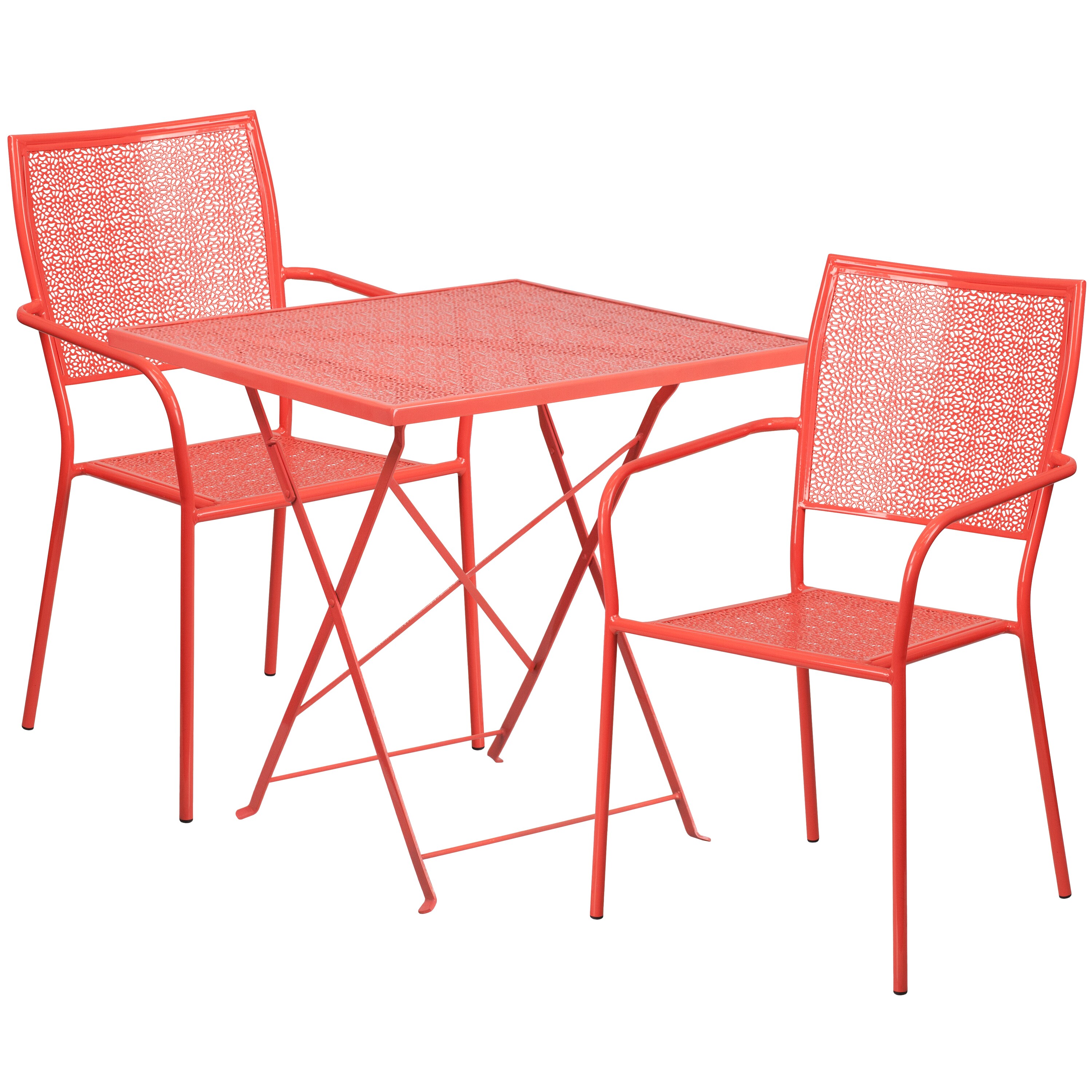 Flash Furniture 889142078227 Oia Commercial Grade 28-in Square Coral Indoor-Outdoor Steel Folding Patio Table Set with 2 Square Back Chairs