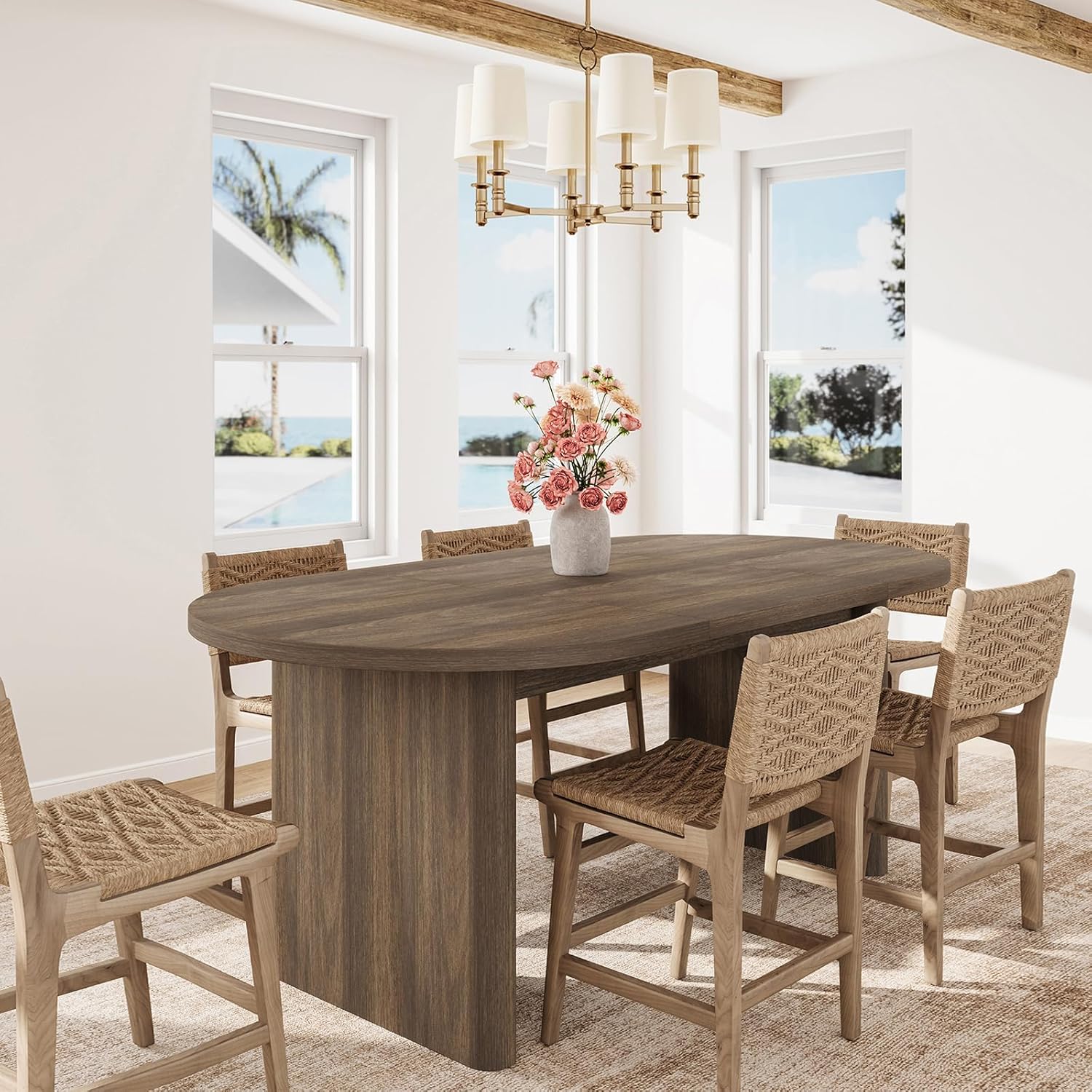 IdealHouse - 63 inch Modern Farmhouse Oval Dining Table for 6 to 8 Sturdy Water Resistant Wood Ba...