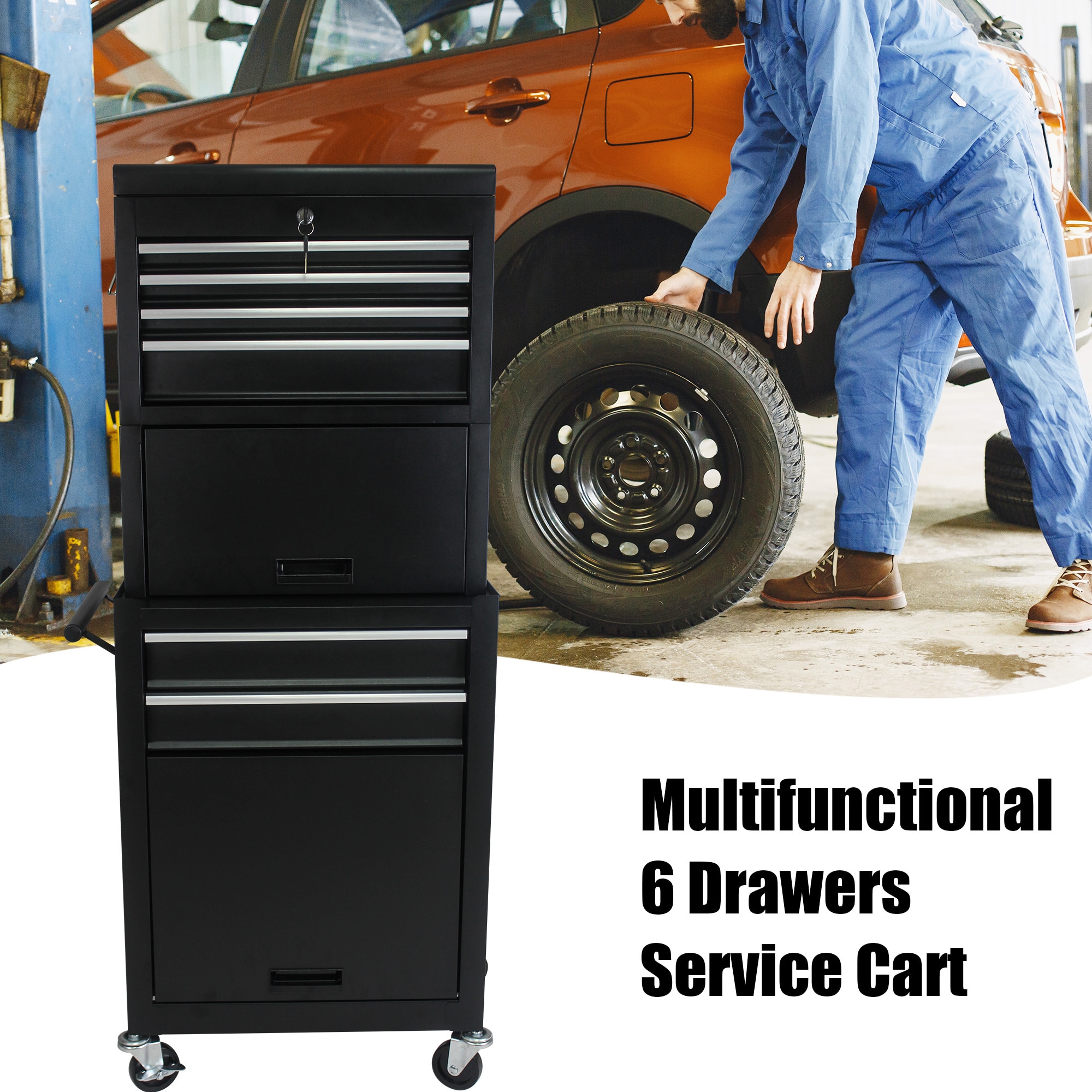 Anysun 6 Drawer Lockable Rolling Tool Chest Black 2 in 1 Detachable Design with 4 Wheels and Brakes 220 Lb Capacity for Garage and Workshop #AS-HI03M02039-K0