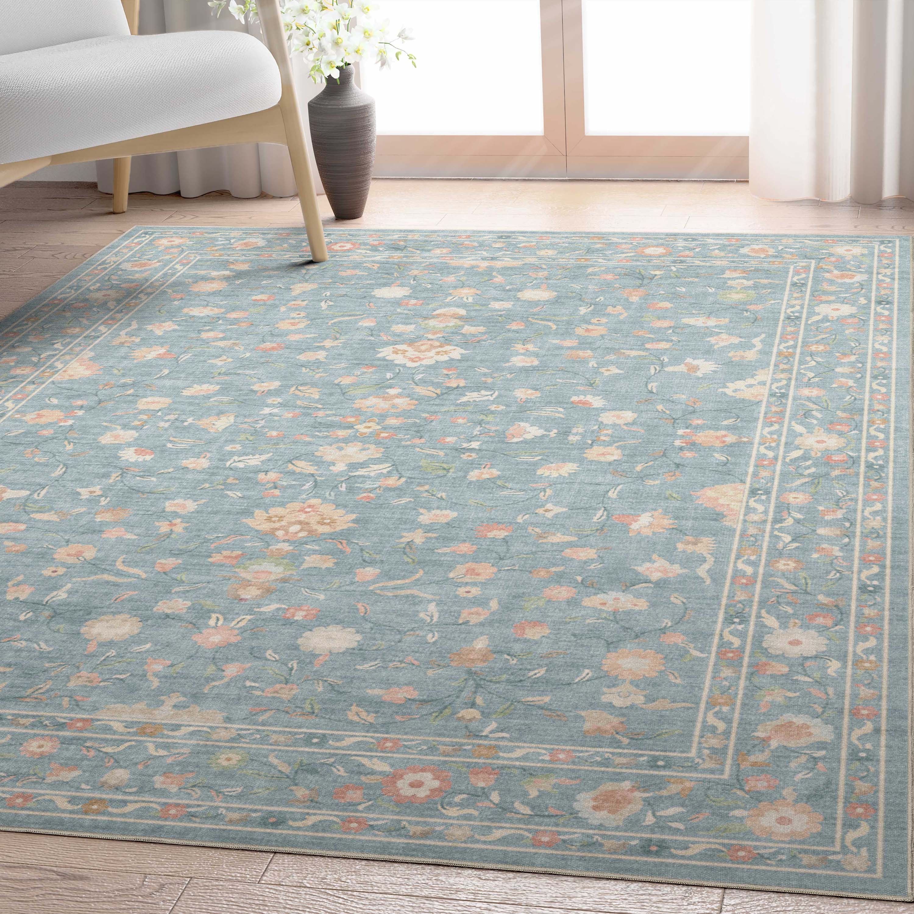 Well Woven W-AP-74B-5 Apollo Serapi 5 x 7 (ft) Polyester Blue Rectangular Indoor Floral/Botanical Persian Area rug
