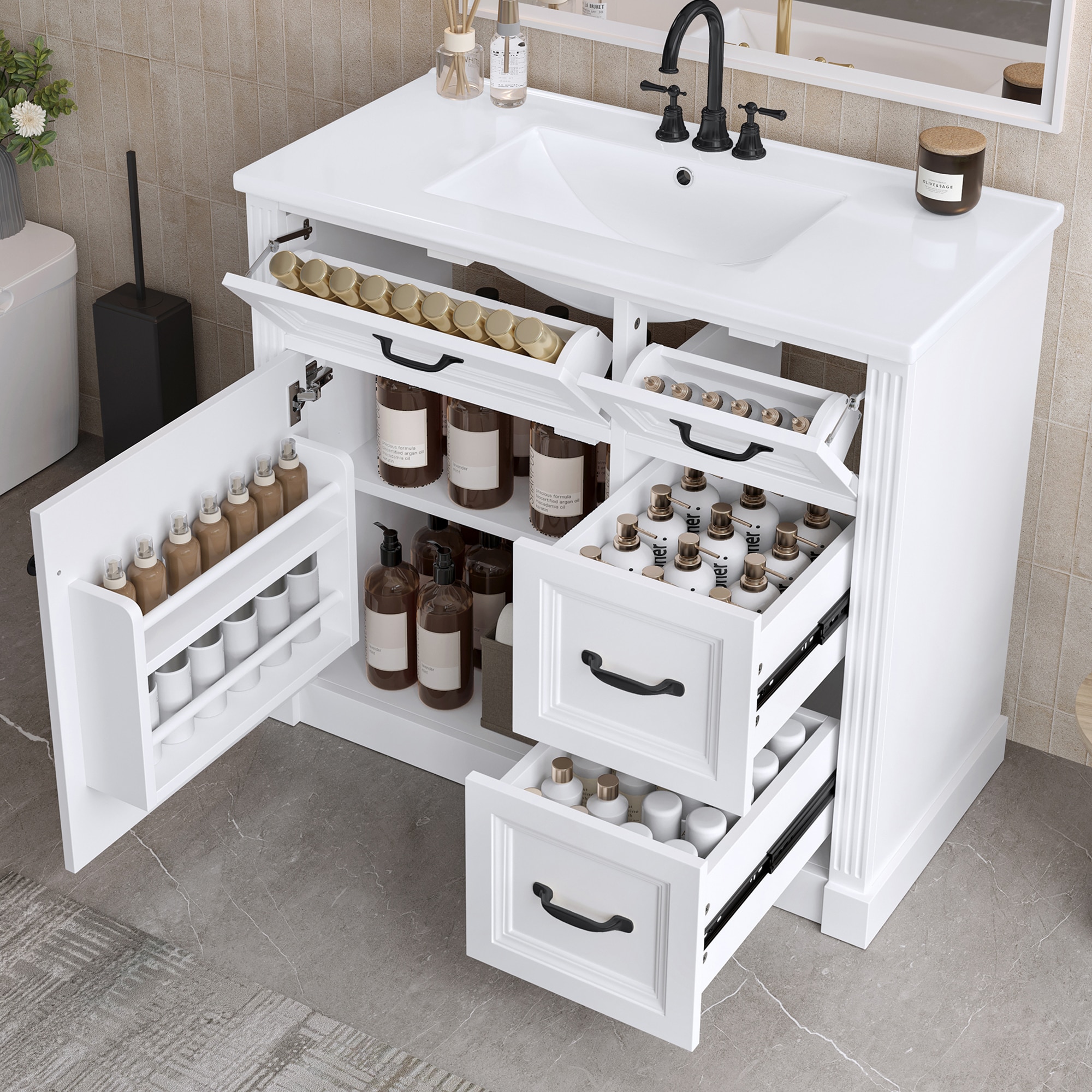 ModernLuxe L3P-N725P336549K 36 Inch Bathroom Vanity with Sink Cabinet with 4 Drawers SoftClose Door  Adjustable Shelf Ceramic Basin Modern Storage Vanity for Bathroom Organization White Finish