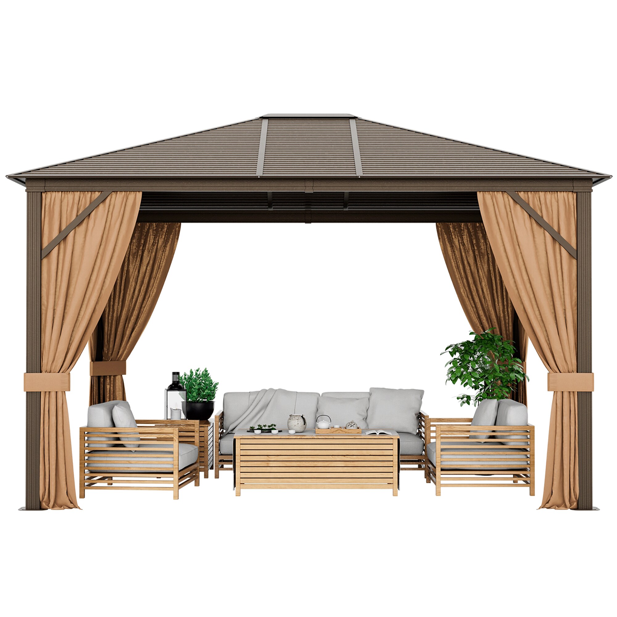 12-ft x 10-ft Outdoor Hardtop Gazebo Rectangle Brown Metal Steel Roof Gazebo with Screen Included | - BABOOM BOM-89CF-CO