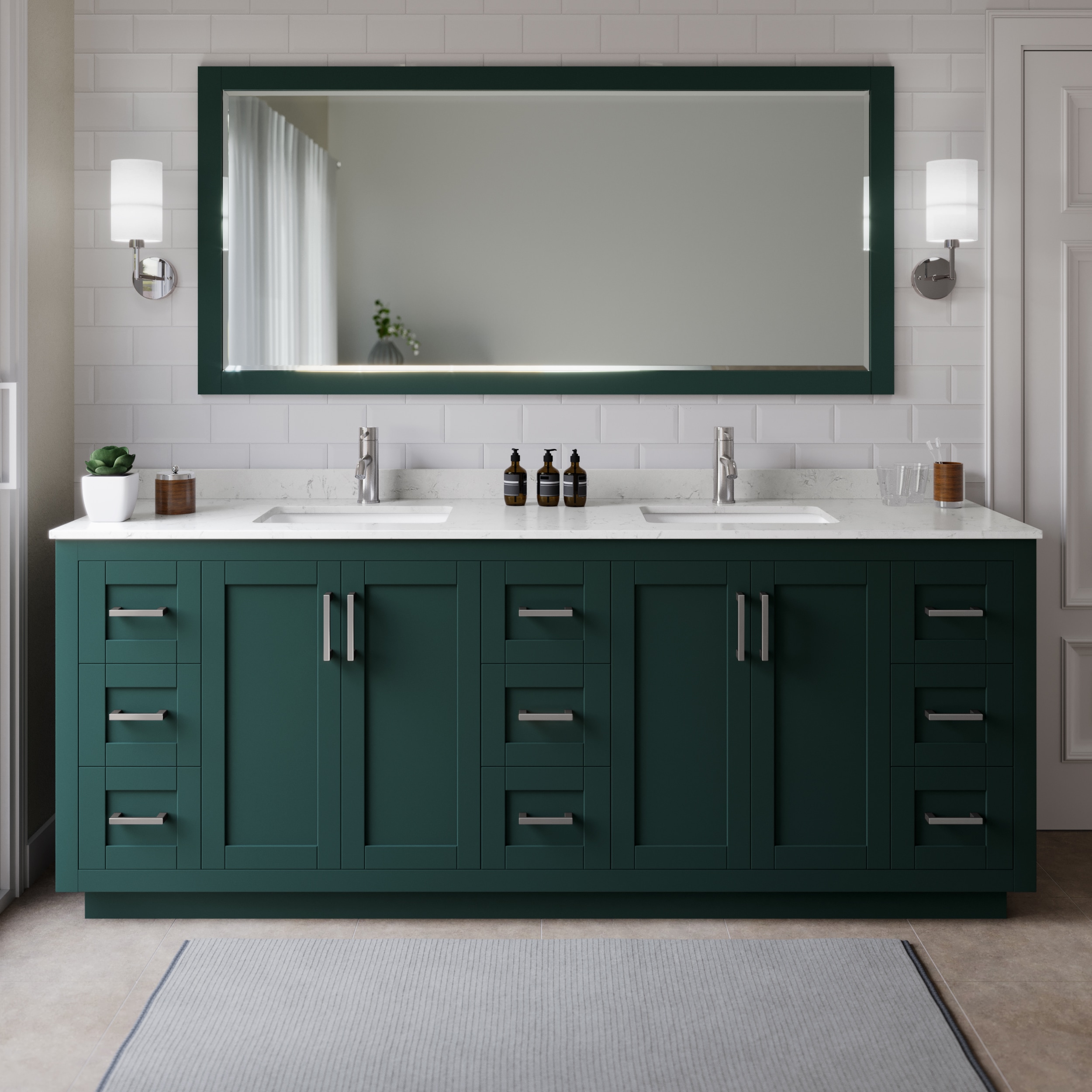 Wyndham Collection WCF292984DGEC2UNSM70 Miranda 84-in Green with Brushed Nickel Trim Undermount Double sink Bathroom Vanity with Carrara Cultured Marble Cultured marble Top (Mirror Included)