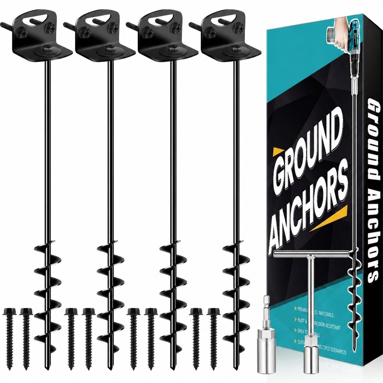 ITOPFOX  25 inch Ground Anchors Set of 4 Heavy Duty Screw In Earth Anchors with Wider Spiral Blades for Sheds Trampolines Carports Swings