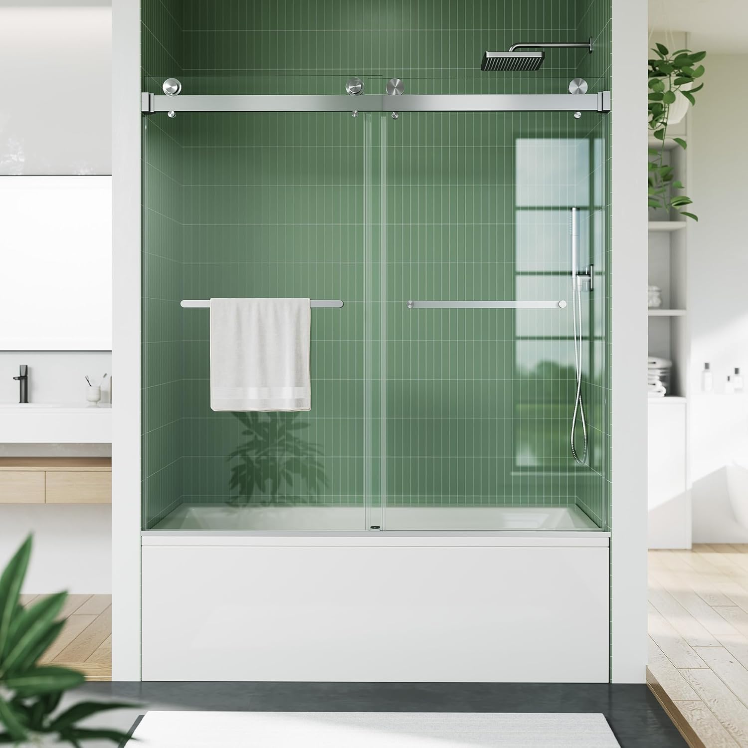 GAOMON Frameless Sliding Glass Shower Door 60x59 Inch 6mm Coated Tempered Safety Glass Square Stainless Steel Rail Silver