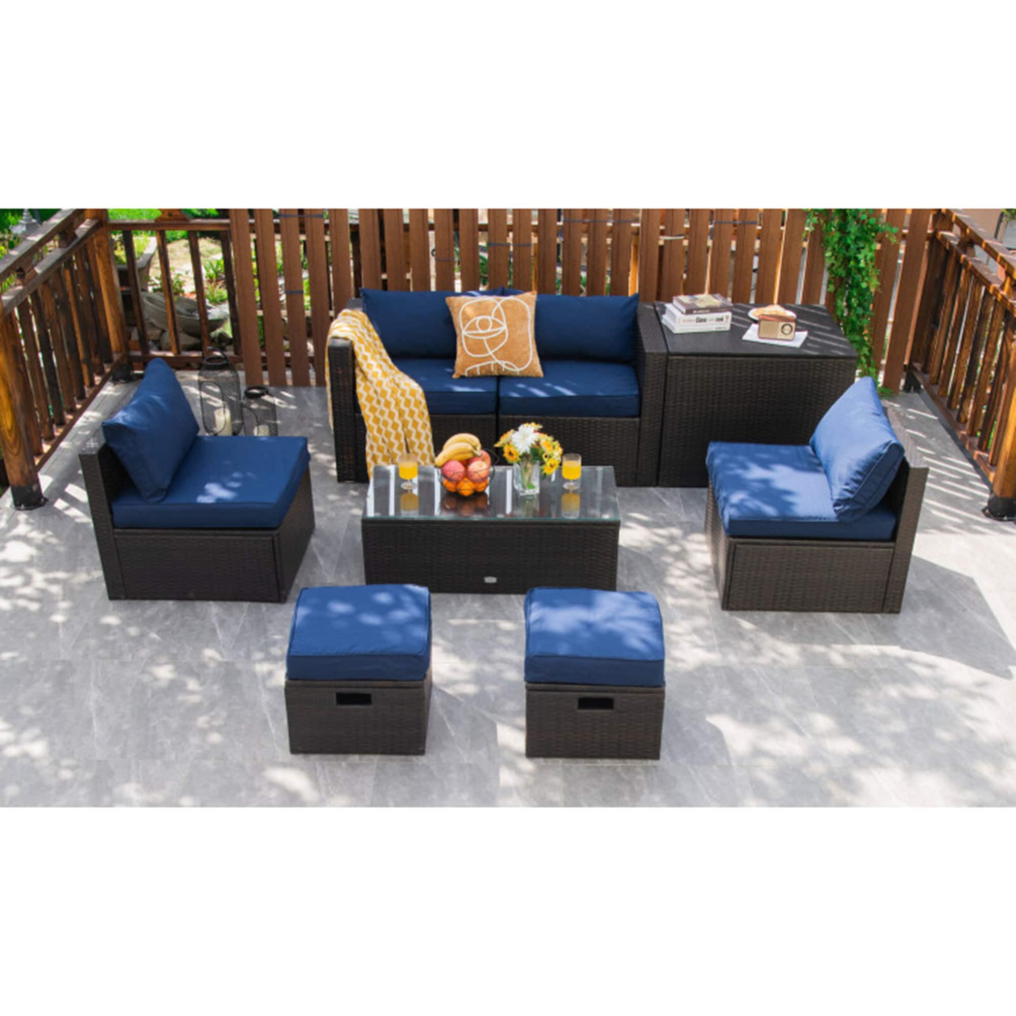 Mondawe ZY-505-433 8 -Piece Rattan Patio Conversation Set with Blue Cushions