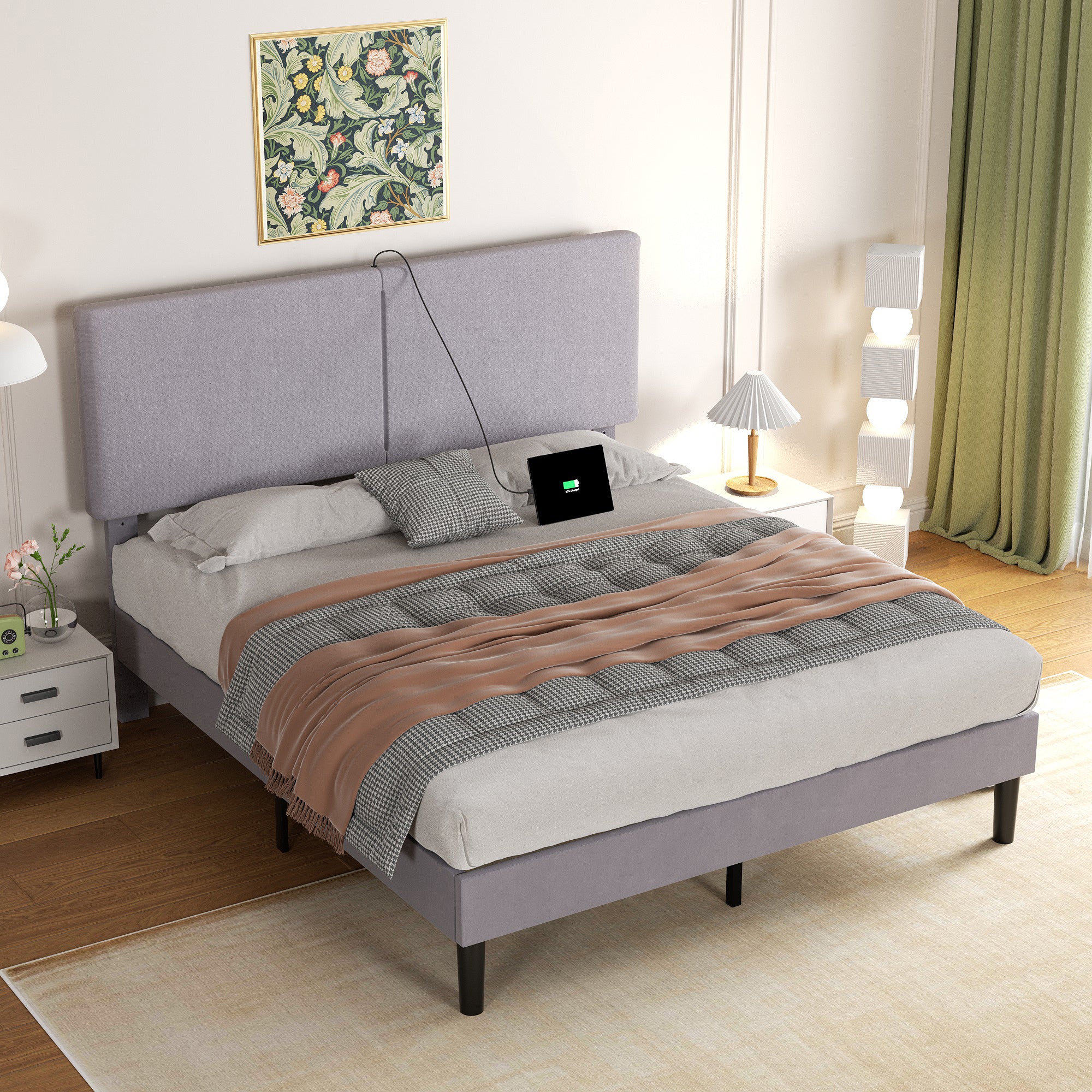Vecelo LOE-QB13-DGRY Queen Bed Frame with Type C and USB Ports Upholstered Platform Height Adjustable Headboard Noise Free Easy Assembly Dark Gray