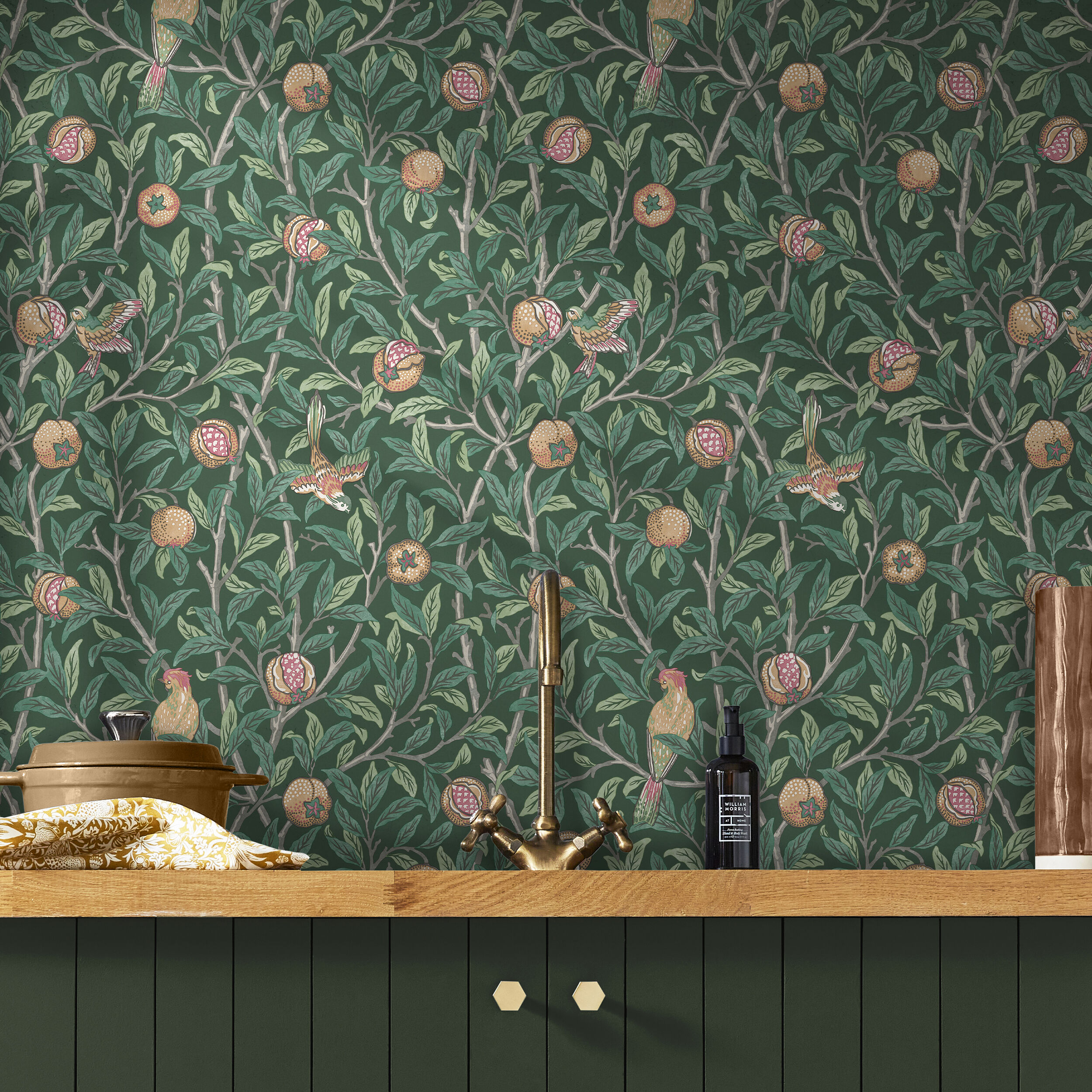 Deep Green Bird and Pomegranate Wallpaper Roll