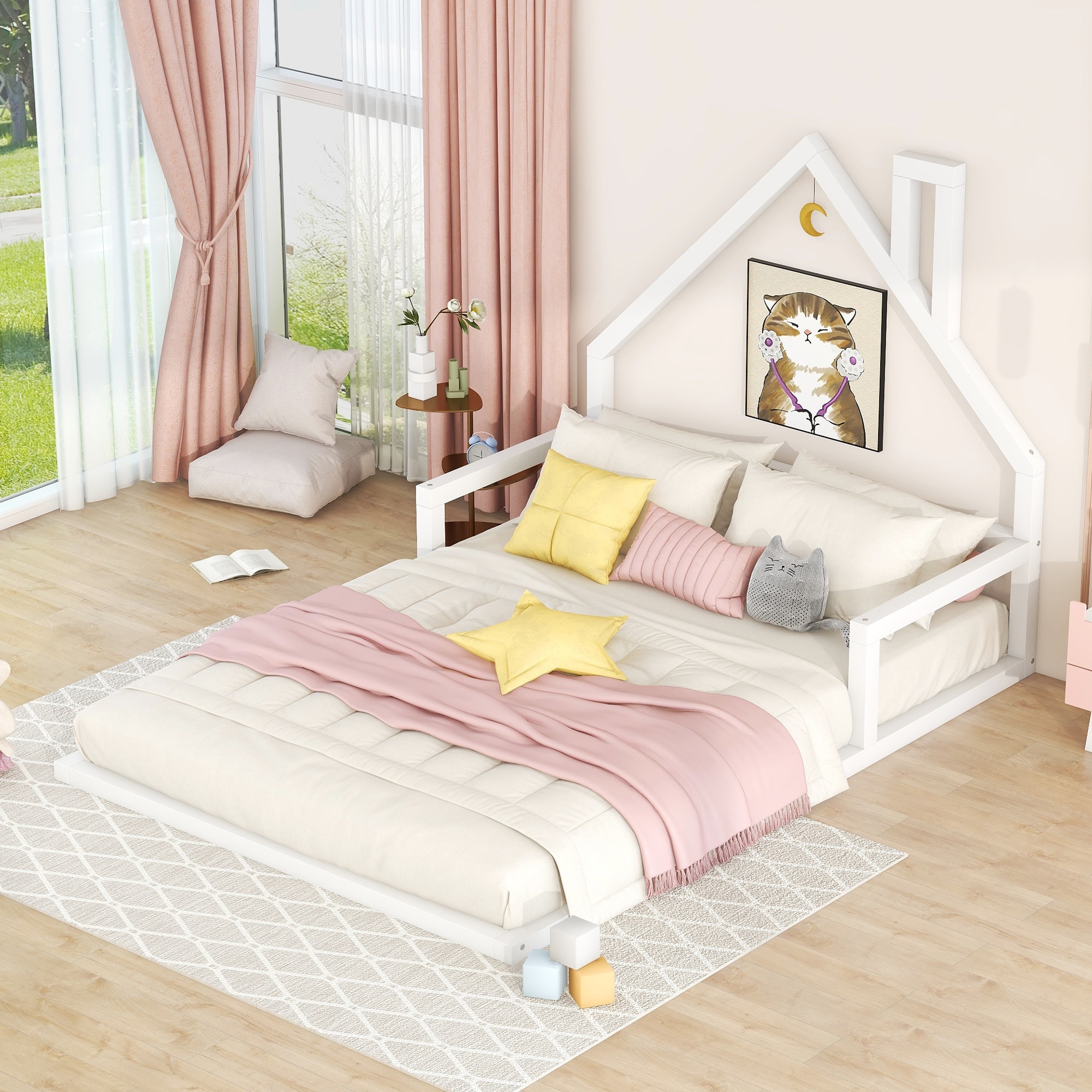 Huluwat Full Size Wood Floor Bed with House-shaped Headboard White