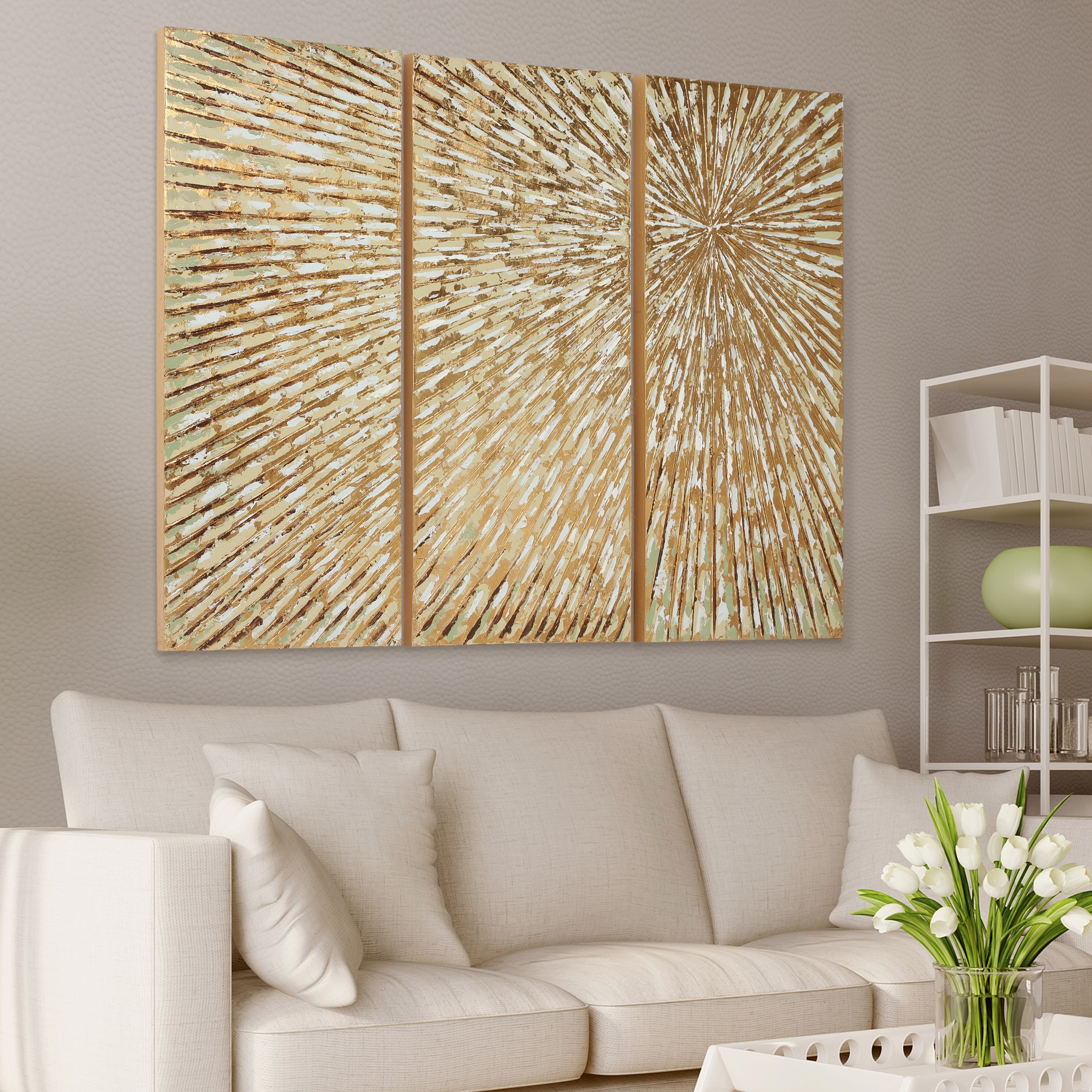 Sunshine Abstract Gold and Cream Hand Painted Canvas Triptych
