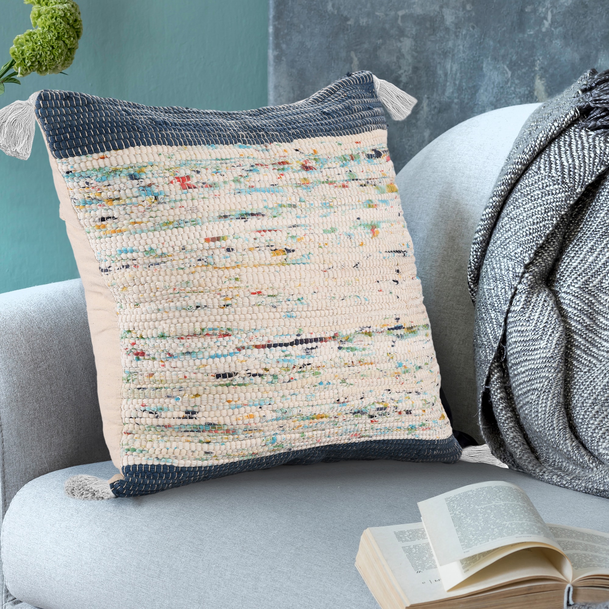 Revive Handwoven Blue and Multicolor Cotton Throw Pillow, 20" x 20"