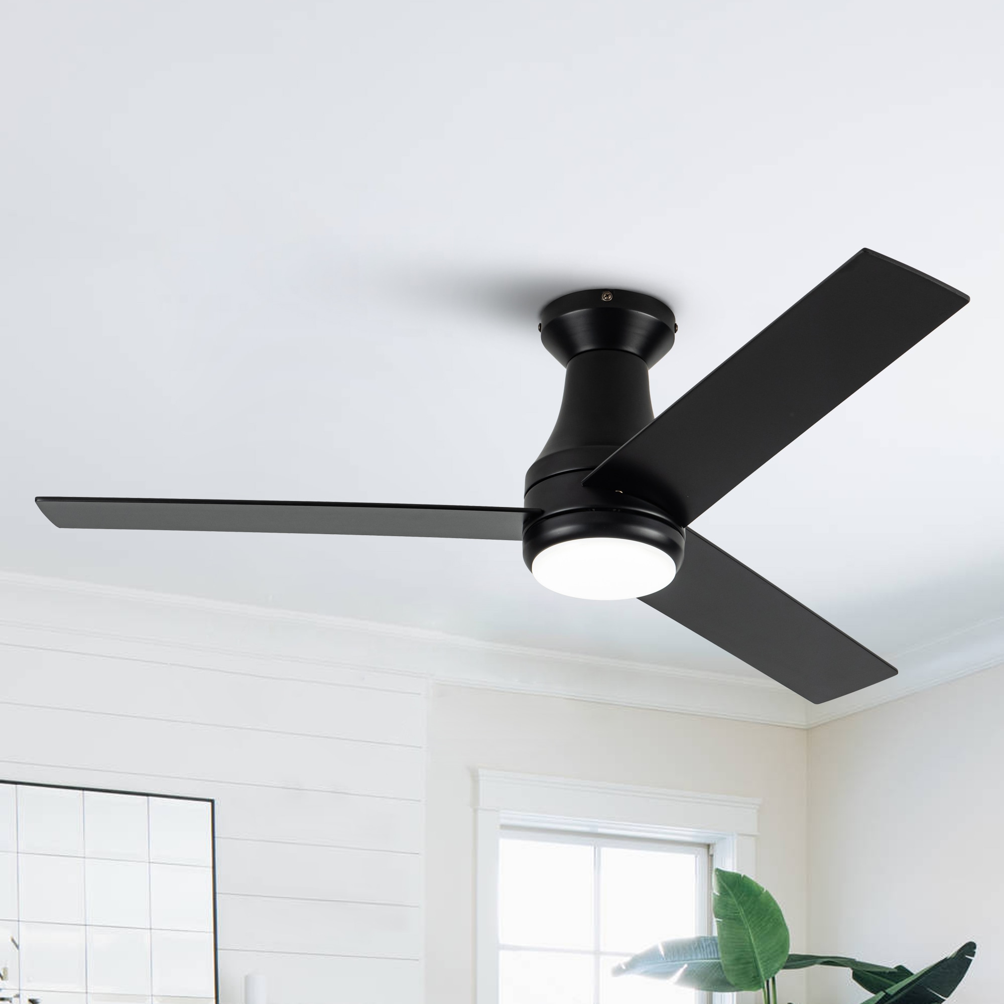 VACZON VZA01B102A 48-in Integrated LED Flush Mount Matte Black with Black Blades Ceiling Fan With Light and Remote ( 3 -Blade )
