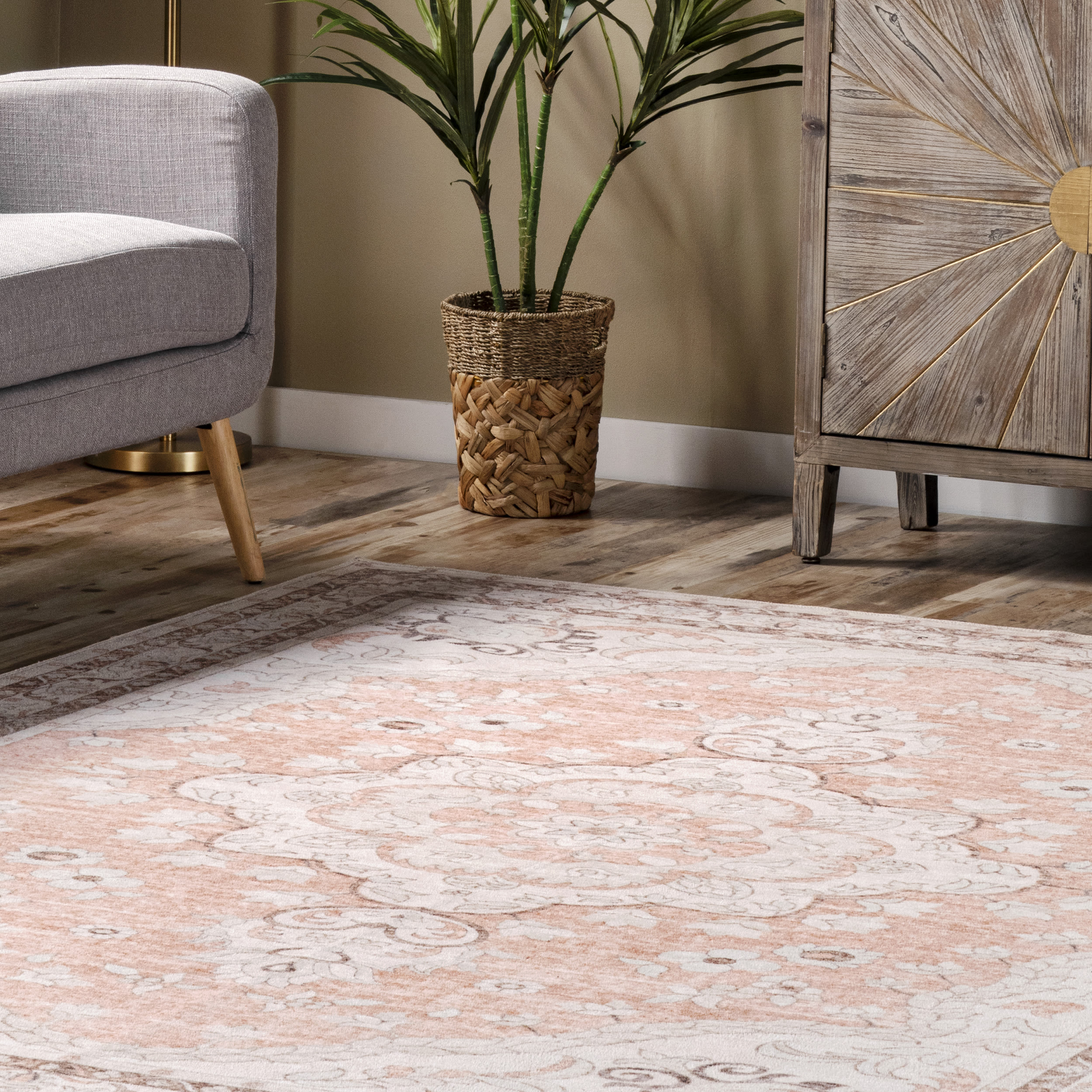 Peach Floral Medallion 8' x 10' Easy-Care Synthetic Area Rug