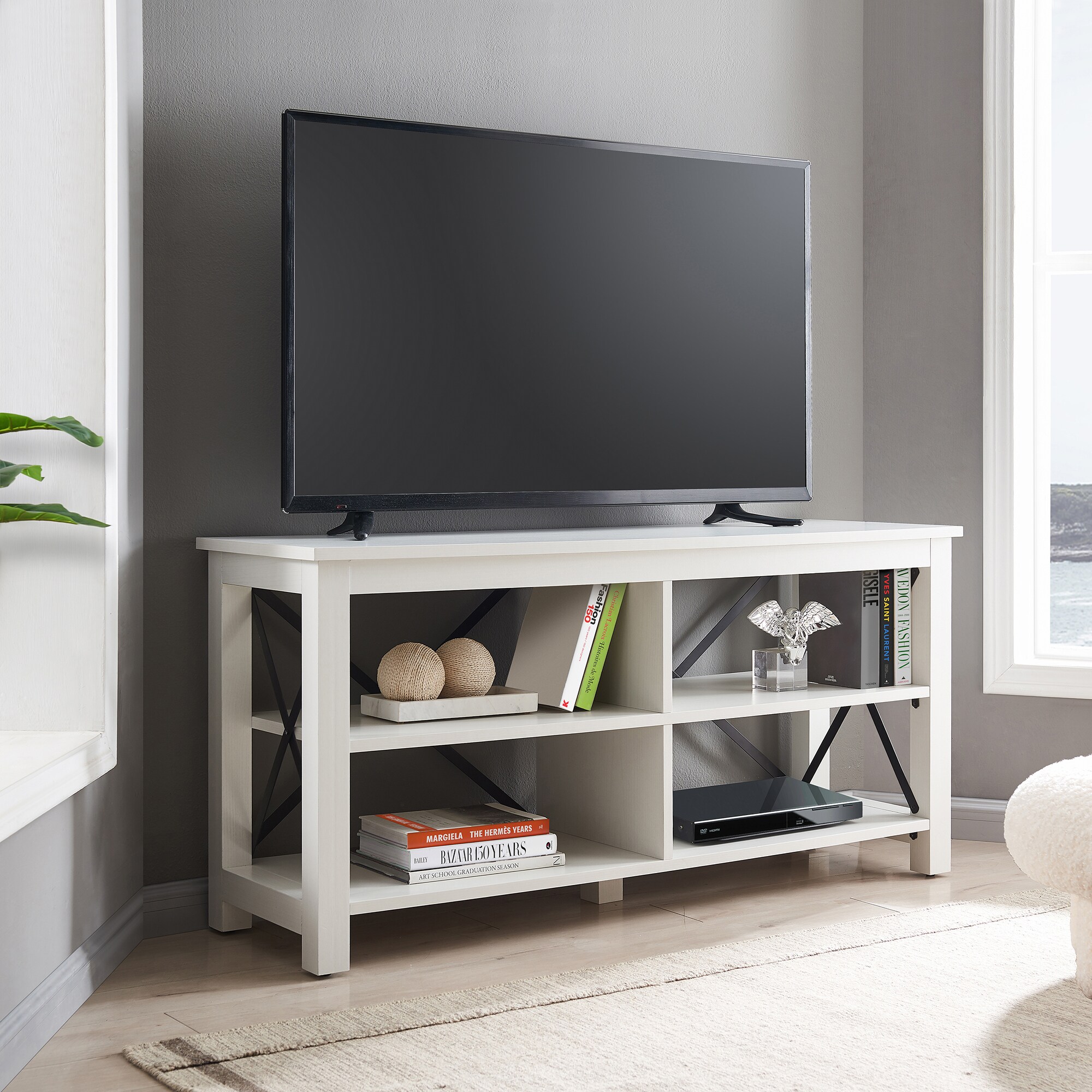 Sawyer Modern Farmhouse 55" White TV Stand with X-Shaped Accents