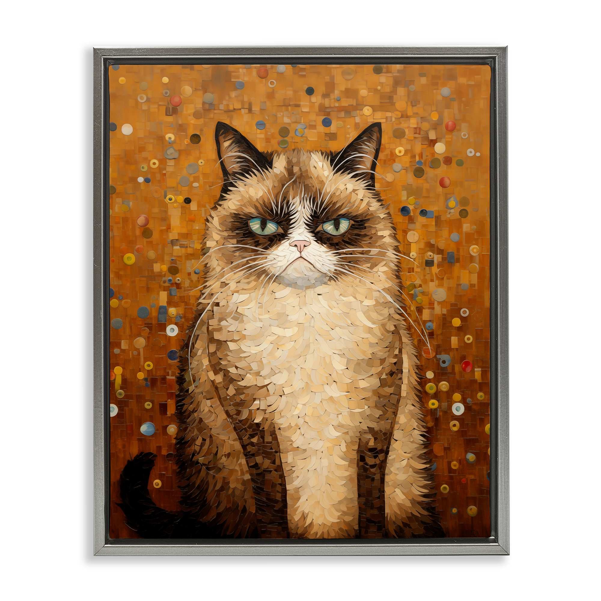 Stupell Industries BT-867-FFL-16X20 Grumpy Klimt Cat Gray Framed Floater Canvas Wall Art By Arlington Prints 17 x 21