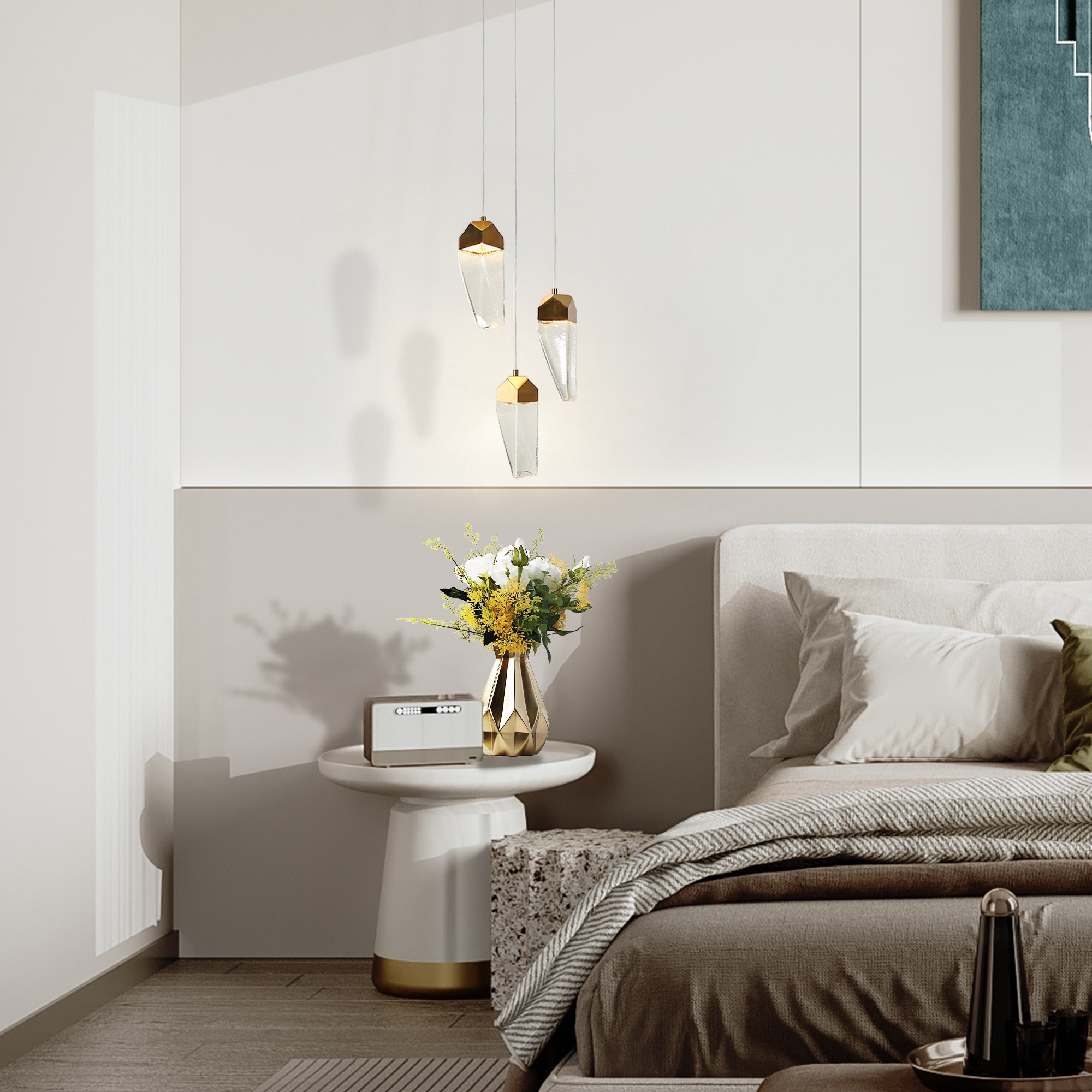 Polished Gold Brass and Crystal 3-Light LED Pendant Chandelier