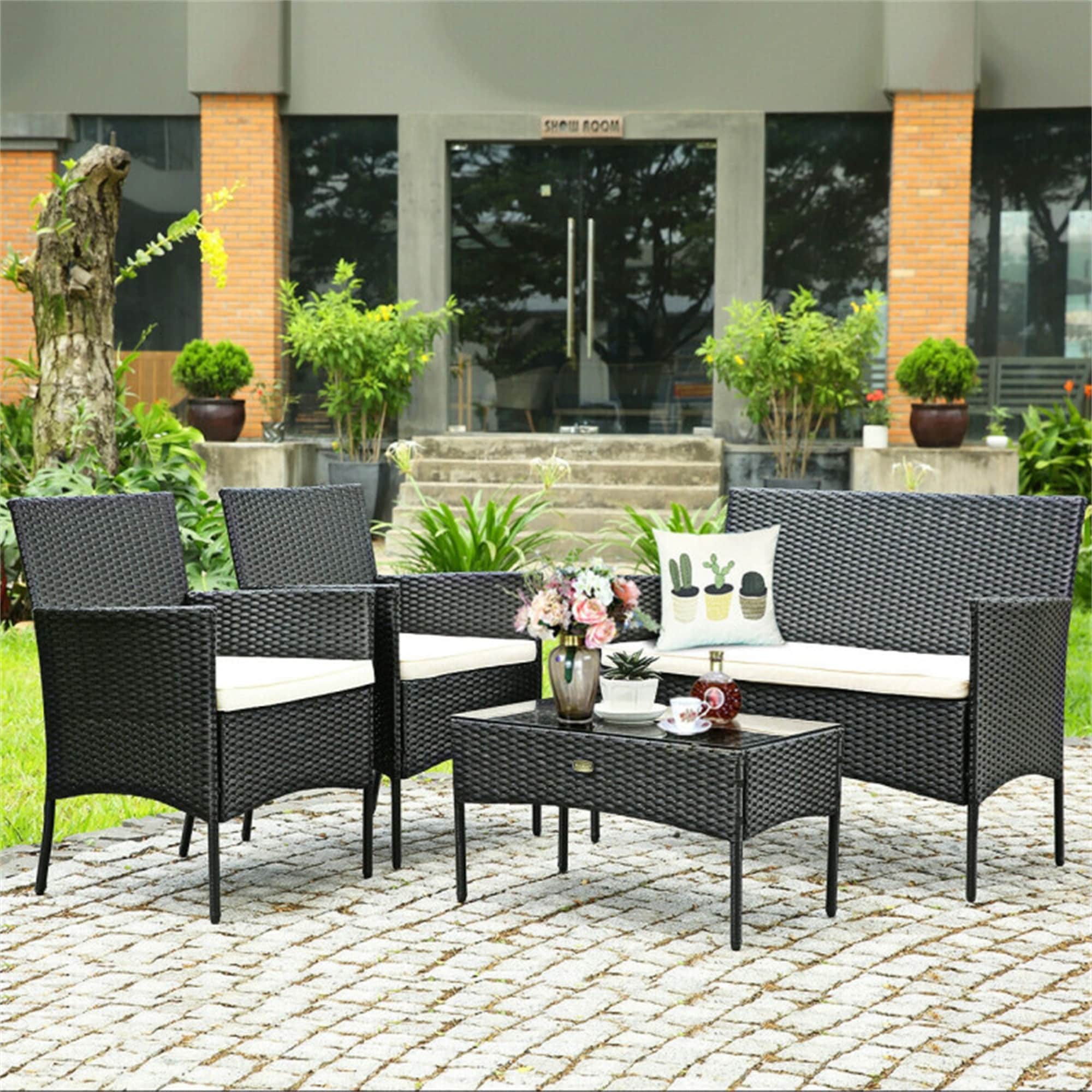 BABOOM BOM-W63755-CO Patio Rattan Sofa Set 4 -Piece Rattan Patio Conversation Set with White polyester Cushions