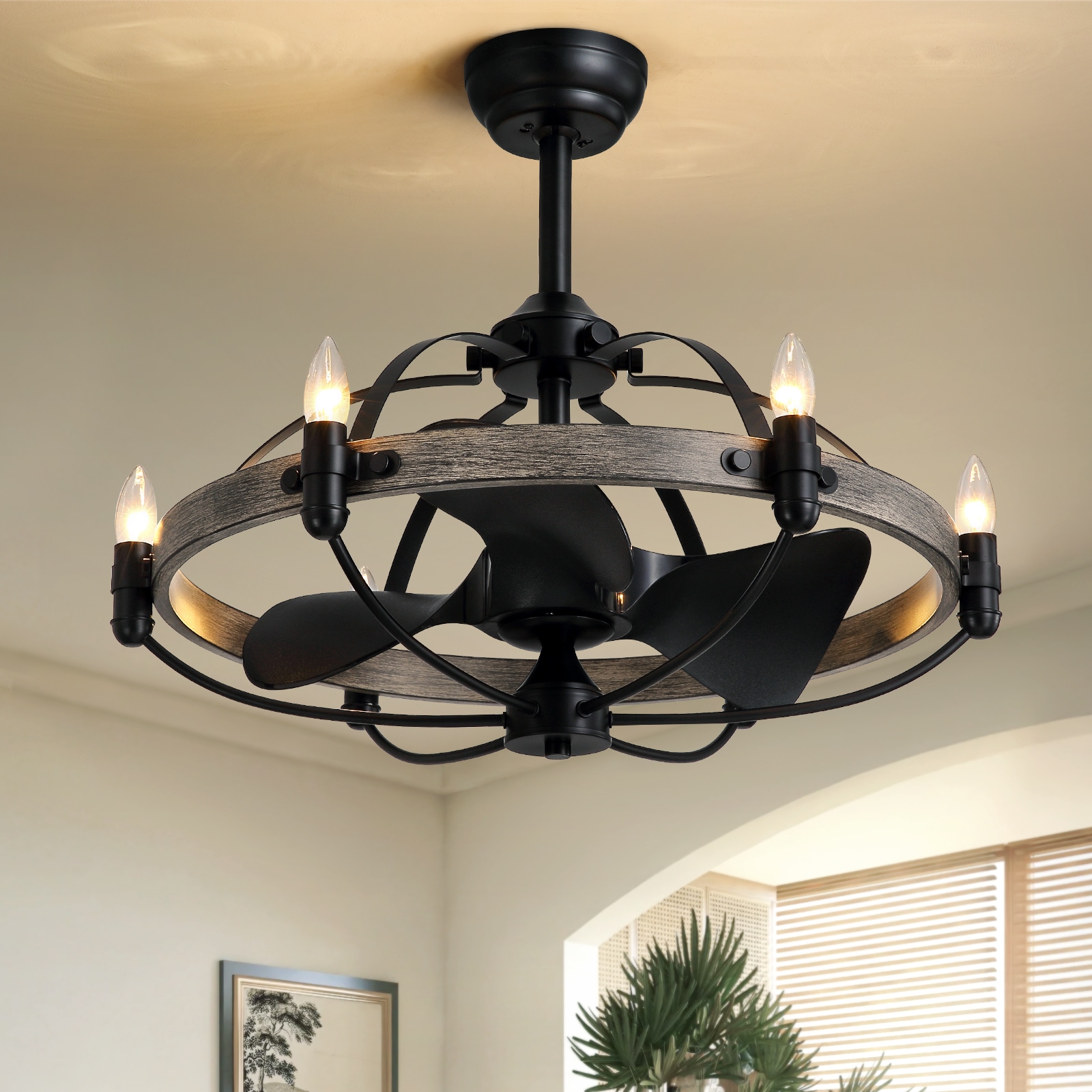 Liwidu  27 inch Farmhouse Chandelier Ceiling Fan with Lights and Remote Control Fandelier for Farmhouse Bedroom Dining Room-Grayish Brown