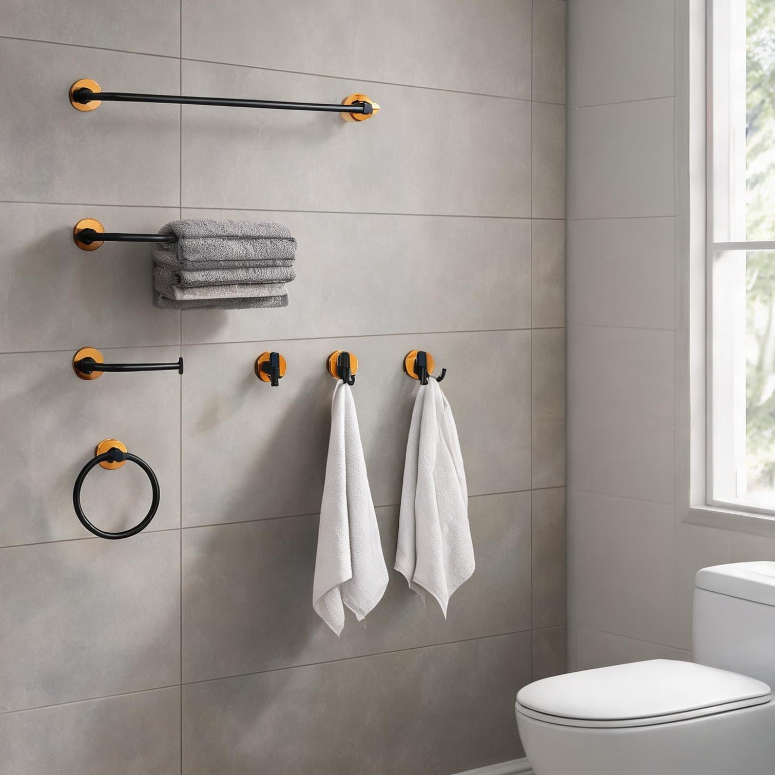 SunJet Black Gold 6-Piece Space Aluminum Bathroom Hardware Set with Towel Bars and Hooks 24-Inch Wall-Mounted Storage Solution