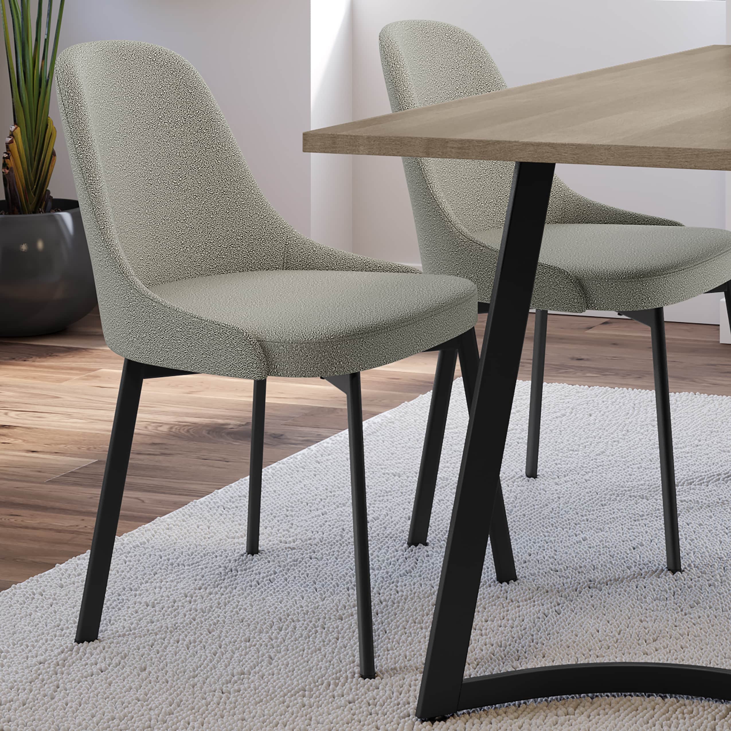 Light Beige Grey Bouclé Upholstered Side Chair with Black Metal Legs