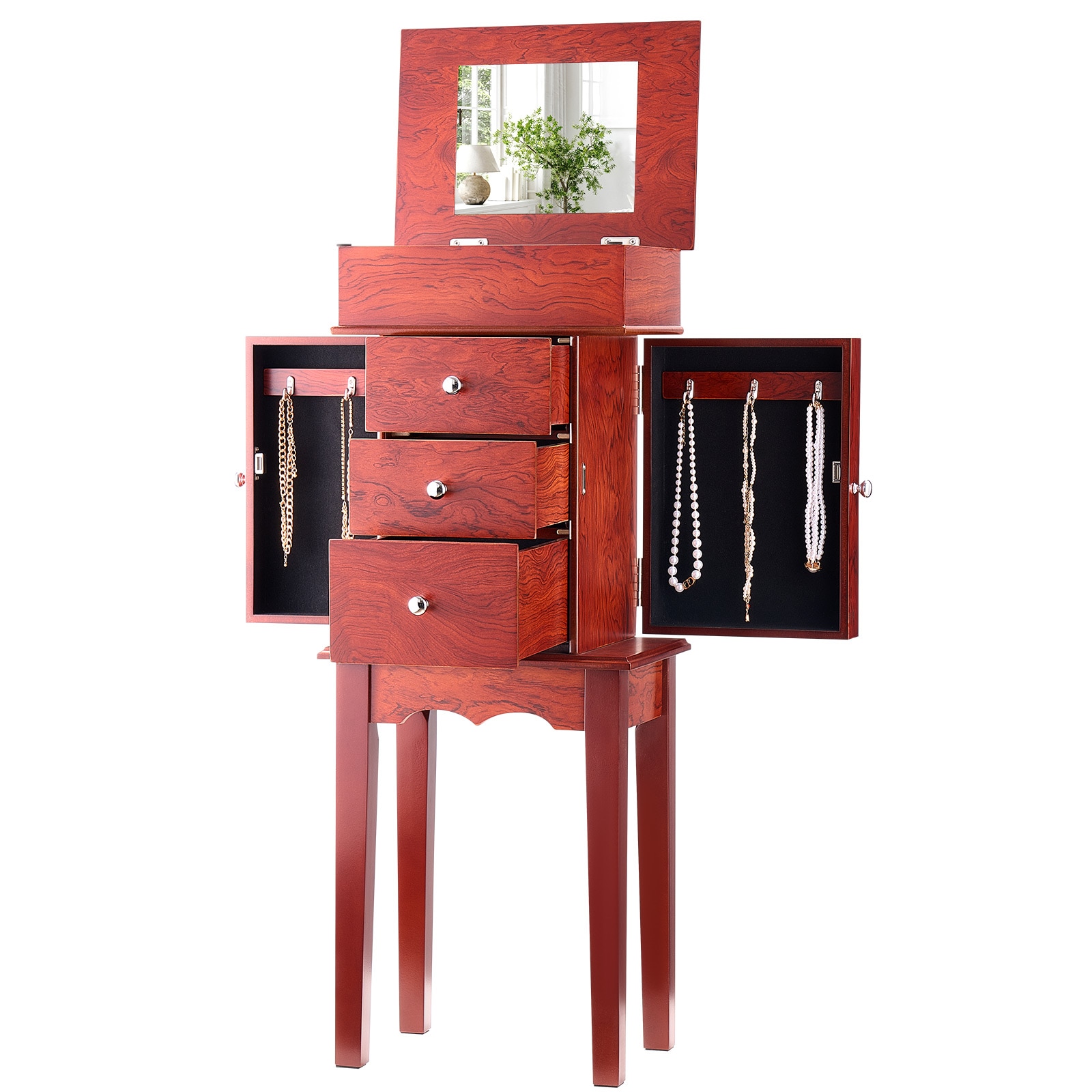 VEVOR SCLSSSH7000008231V0 Jewelry Cabinet Armoire  Standing Wood Jewelry Storage Chest with 3 Drawers  Flip Top Mirror  4 Top Storage Compartments  Zinc Alloy Handles  2 Side Doors with 6 Necklace Hooks