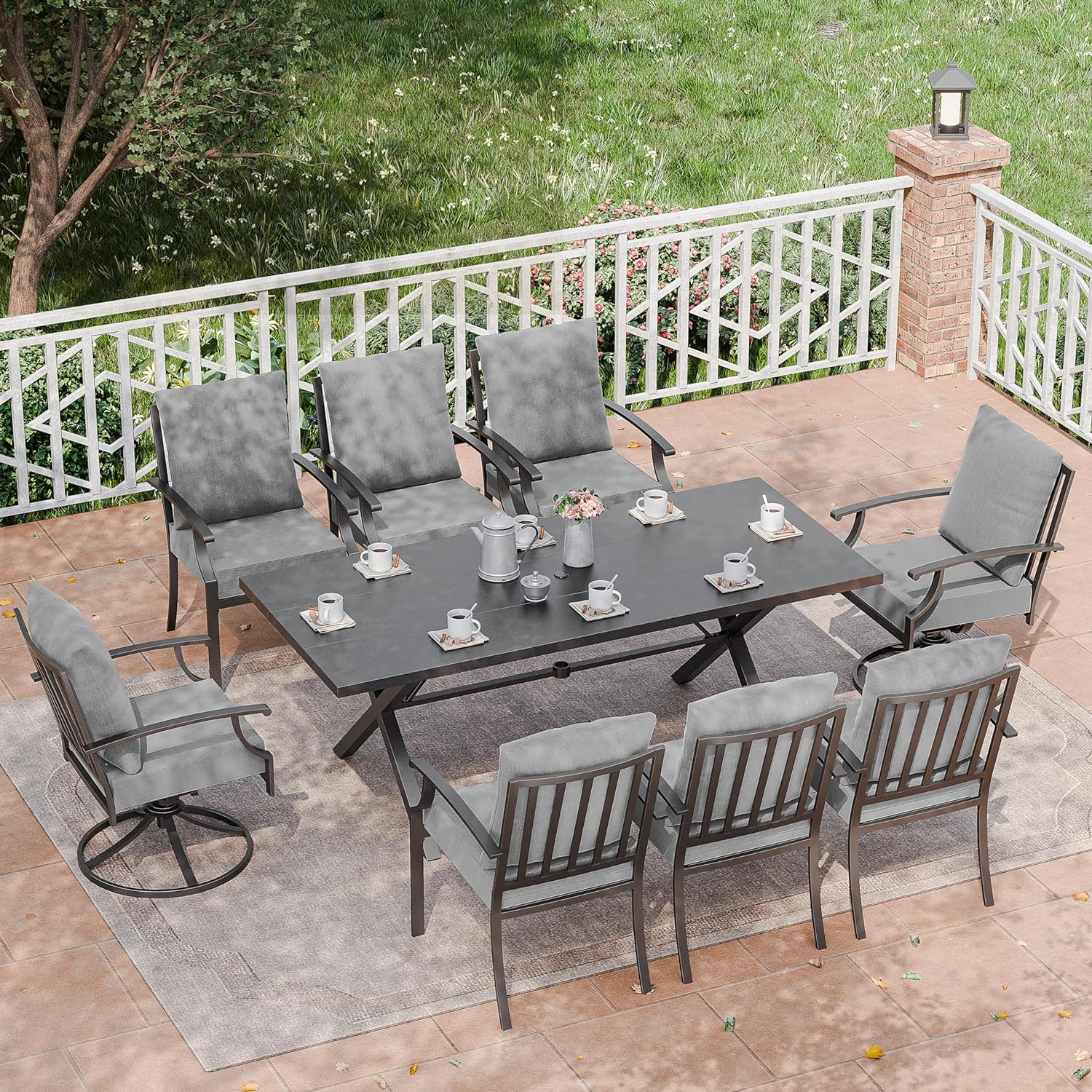 ALAULM LS-6&2DM-GREY 9 -Piece Brownish Black Patio Dining Set Iron Rectangle Table with 8 Gray Cushions Stackable Swivel Rocker Chairs