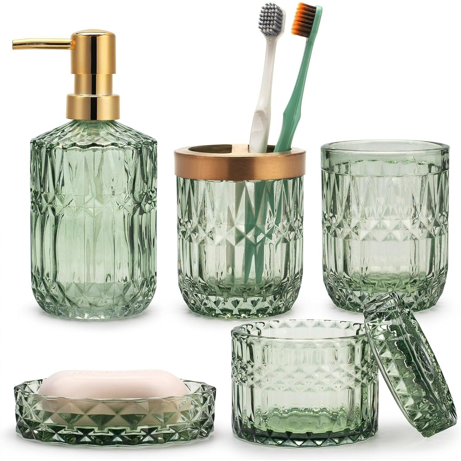 Paradigms Interiors 5 Piece Green Glass Bathroom Accessories Set With Lotion Dispenser Soap Dish Toothbrush Holder Tumbler And Cotton Jar