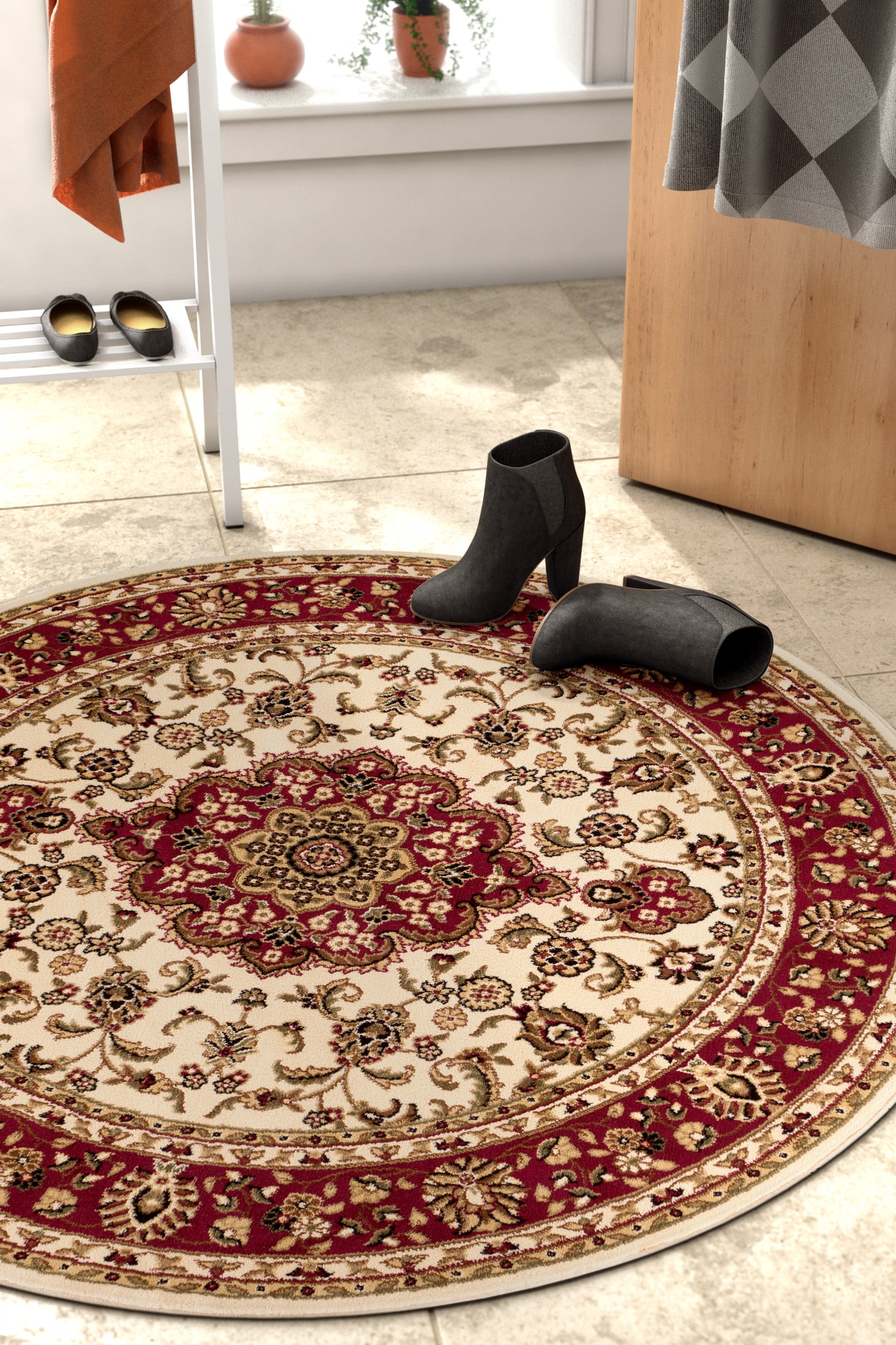 Well Woven 541024R 4 x 4 (ft) Loomed Polypropylene Ivory Round Indoor Medallion Persian Area rug