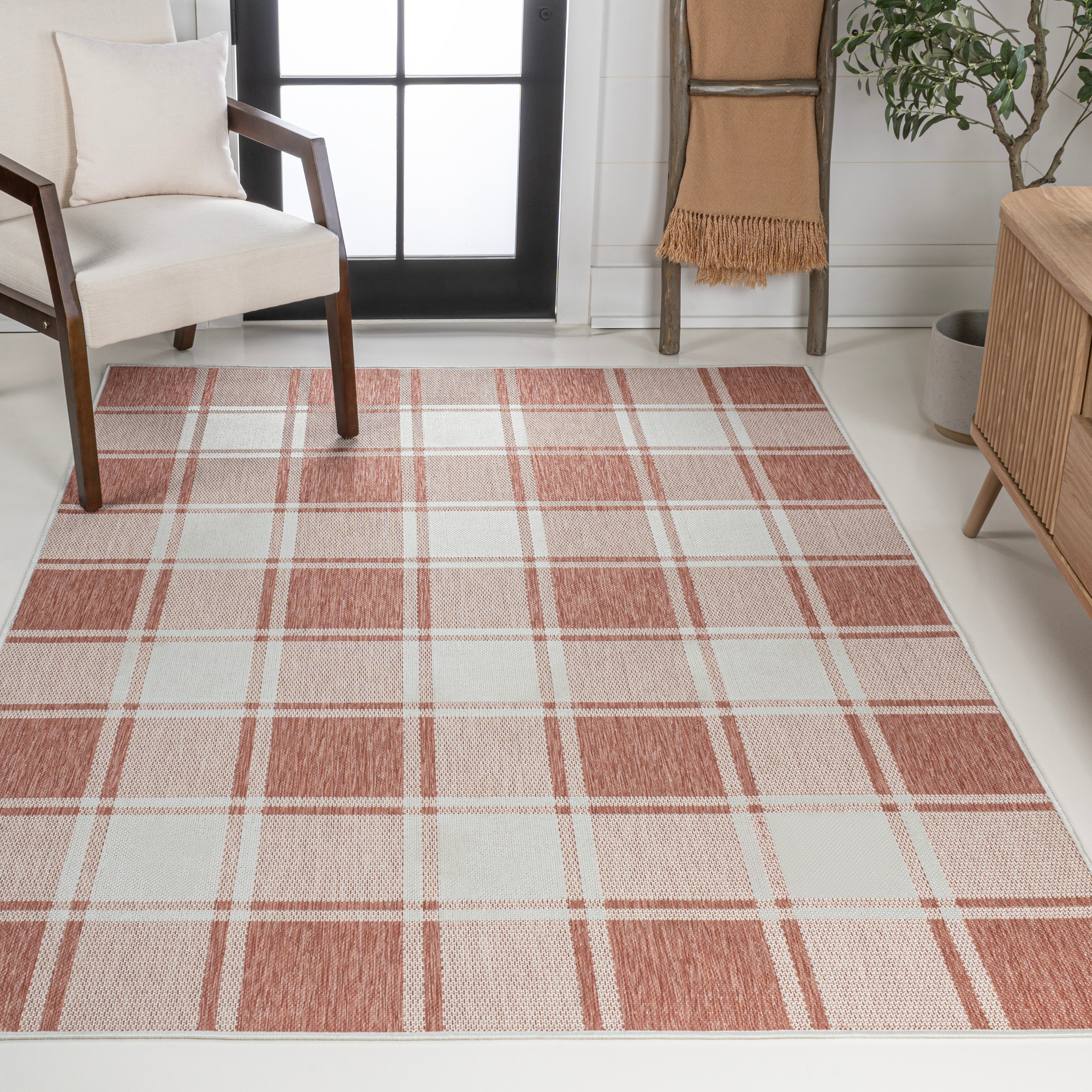 JONATHAN  Y TSN203A-8 TUSCAN SUN Sabine Bold Gingham 8 x 10 (ft) Loomed Polypropylene Salmon/Cream Rectangular Indoor/Outdoor Geometric Farmhouse/Cottage Area rug