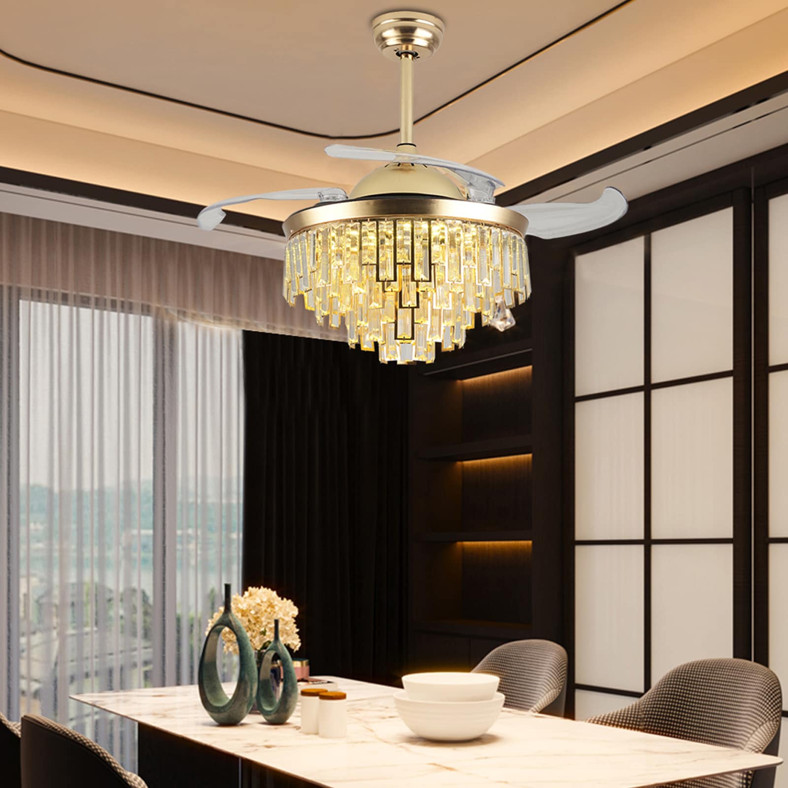 42" Gold Crystal Retractable Bladeless LED Chandelier Fan
