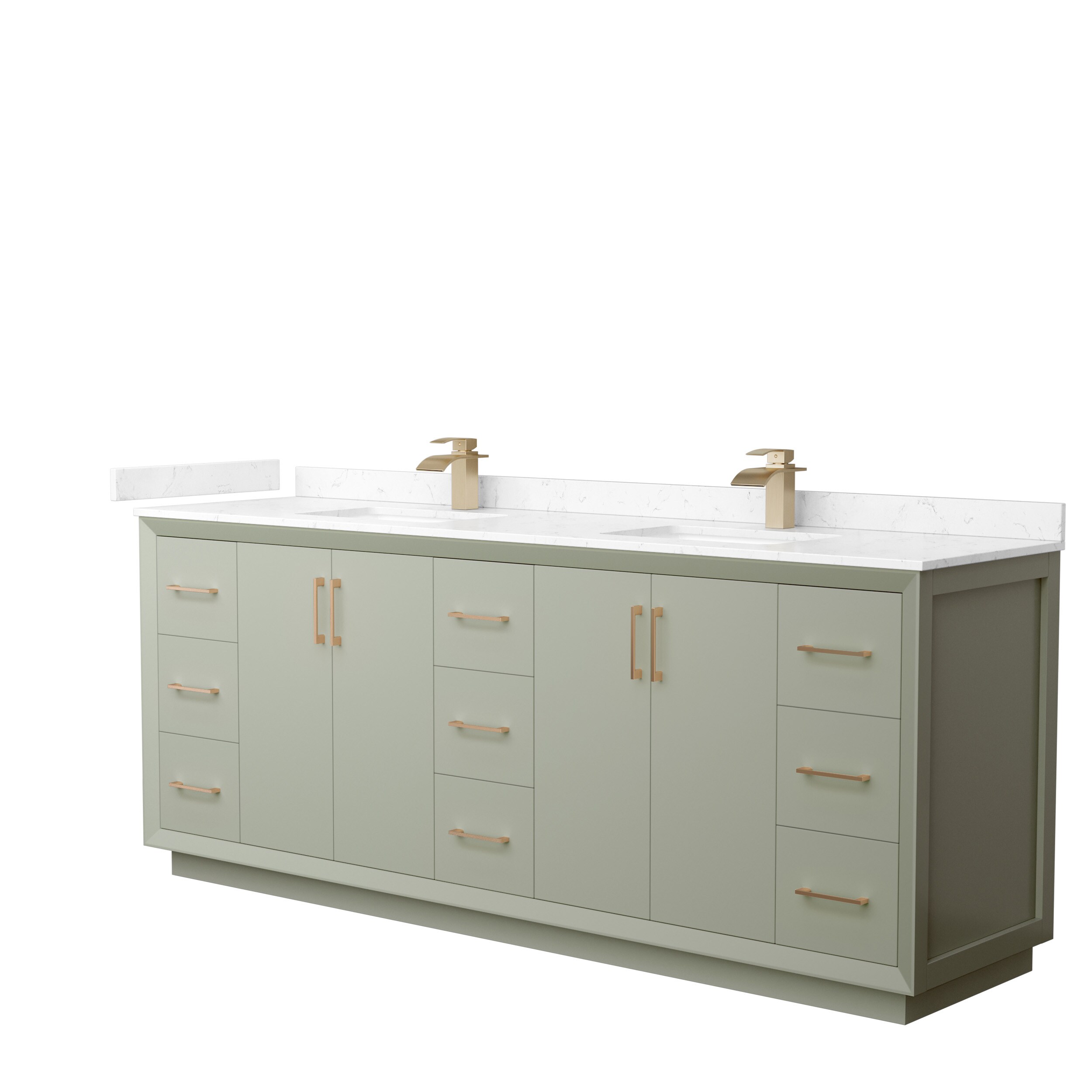 Wyndham Collection WCF414184DLZC2UNSMXX Strada 84-in Light Green with Satin Bronze Trim Undermount Double sink Bathroom Vanity with Carrara cultured marble Cultured marble Top