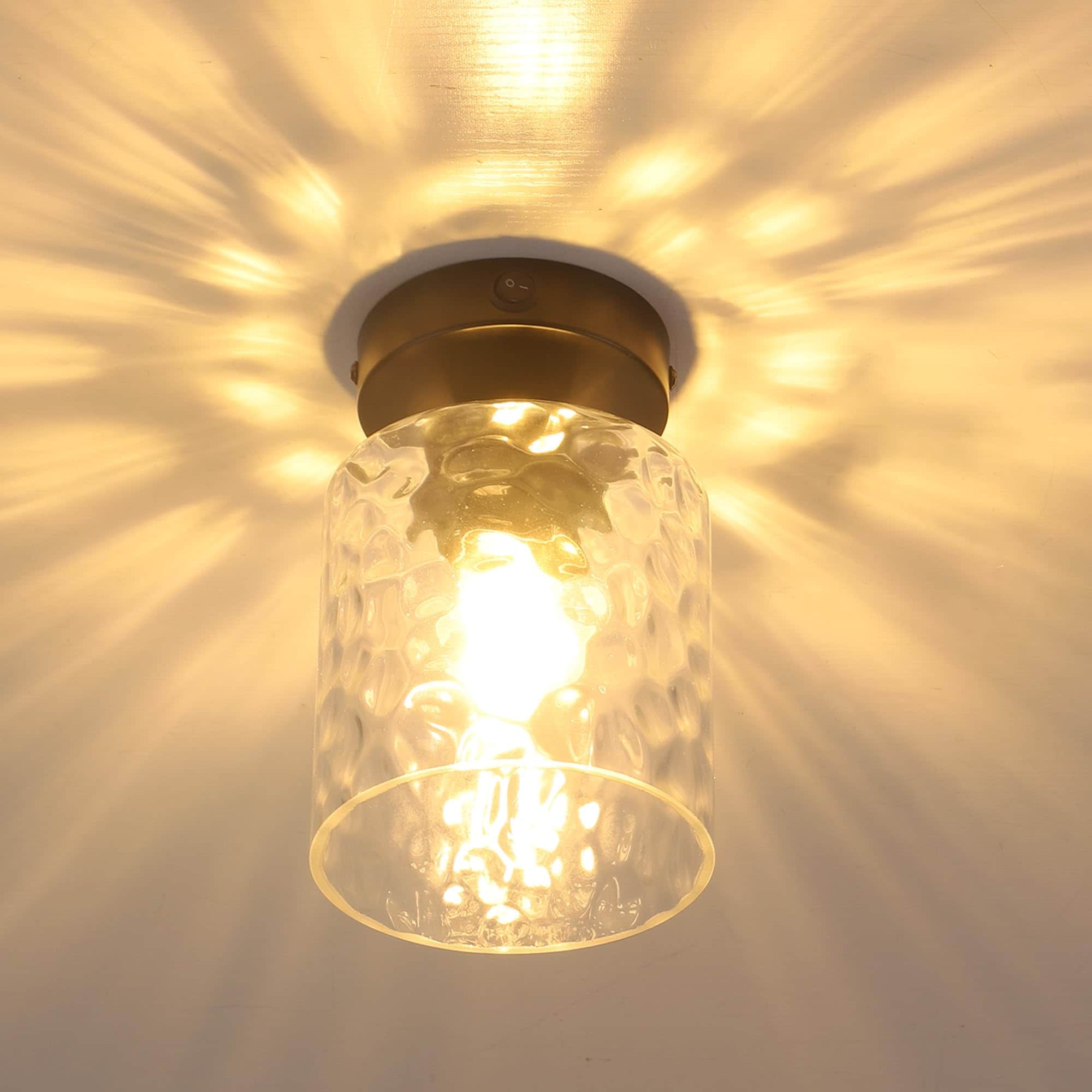 Oyezvary  12V Hammered Glass Ceiling Light for RV Flush Mount Fixture with On Off Switch 3000K Warm White Light Bulb Included Frosted Interior
