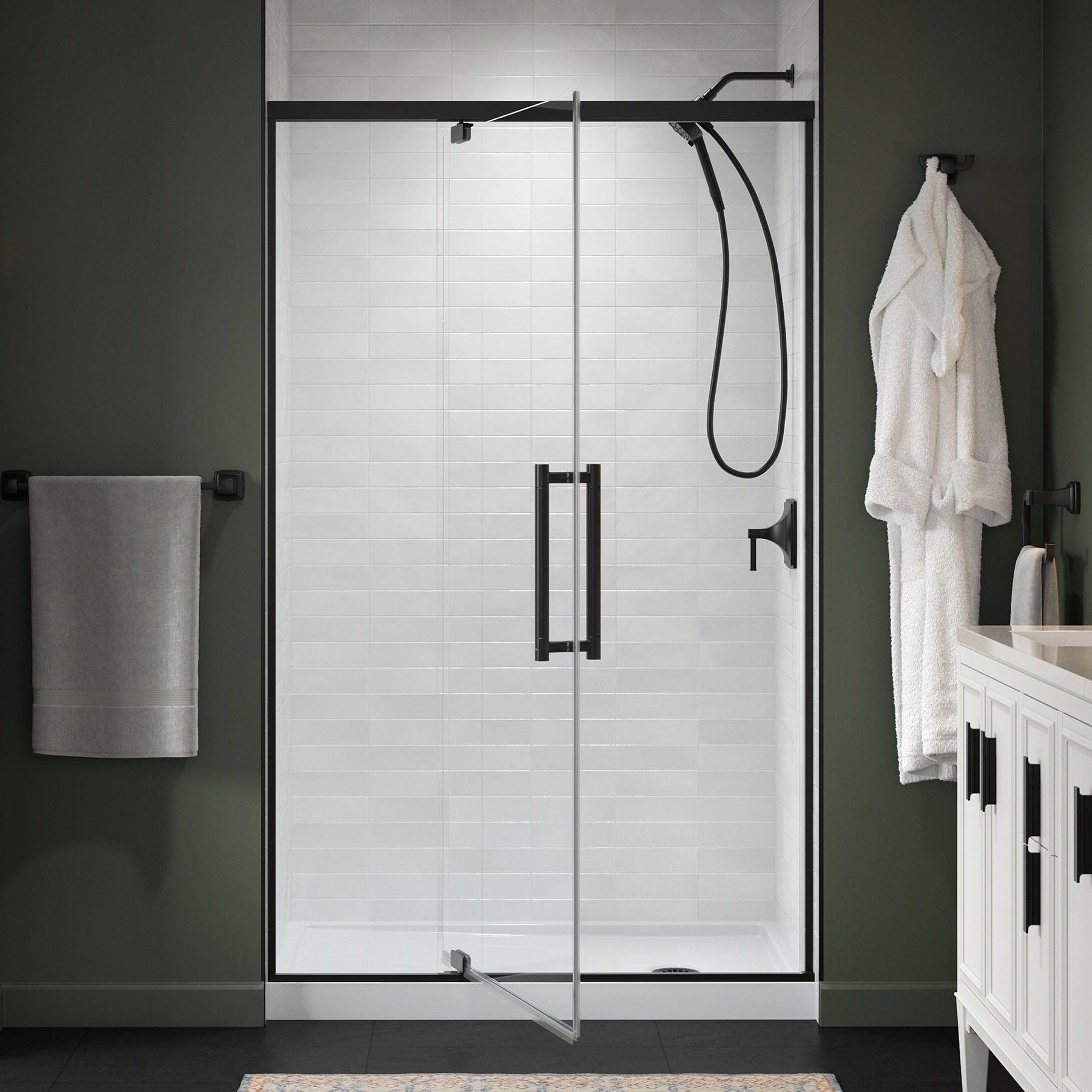 KOHLER 702478-8L-BL Premise Matte Black 43-5/8-in to 47-5/8-in W x 76.06-in H Frameless Pivot Soft Close Shower Door 5/16-in Thick Clear Glass
