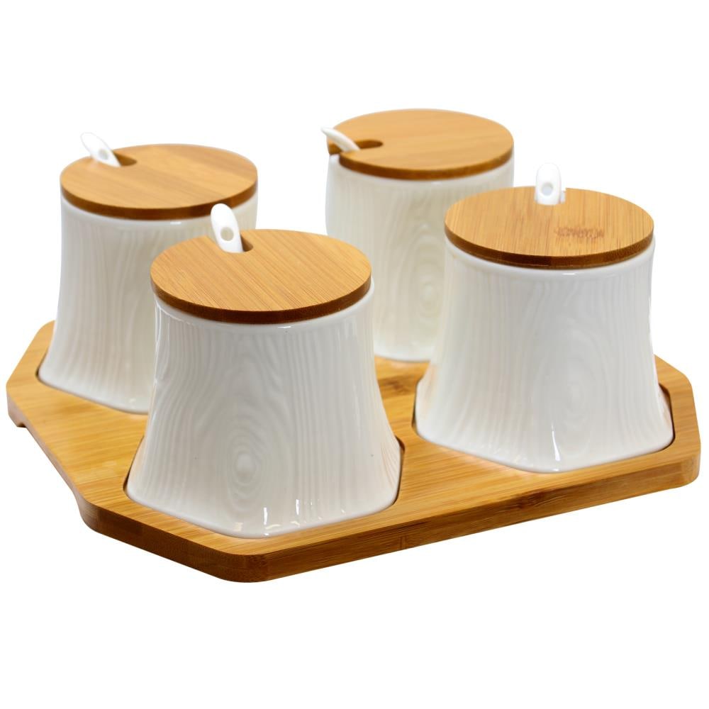 3 Porcelain Jars Spice Condiment Jar Spice Container Set With Wooden Lid,  Spoon and Tray. Marble Design 