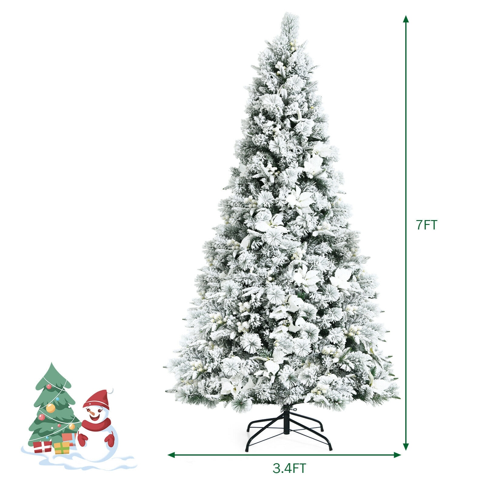7-Foot Snow Flocked White Artificial Christmas Tree with Berries and Poinsettia Flowers