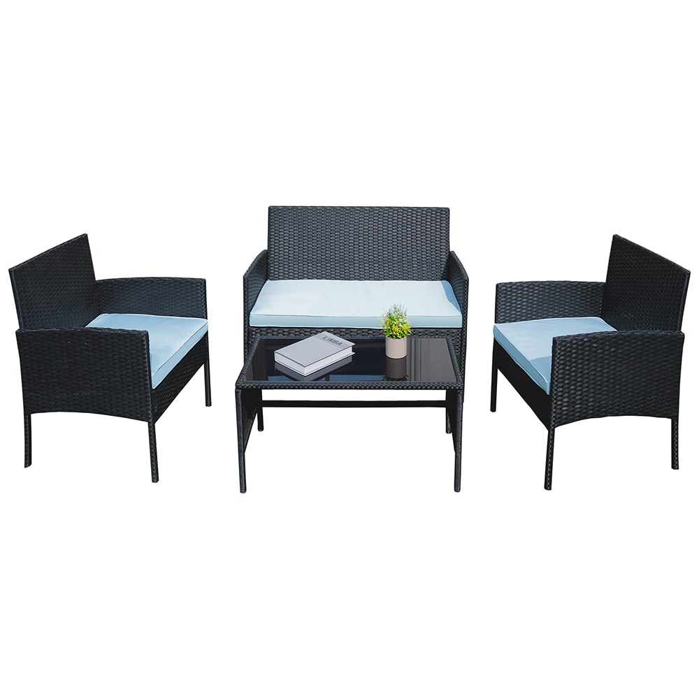 Grearden LS-ZHNF2109-LB Conversation Set 4 -Piece Rattan Patio Conversation Set with Blue Cushions
