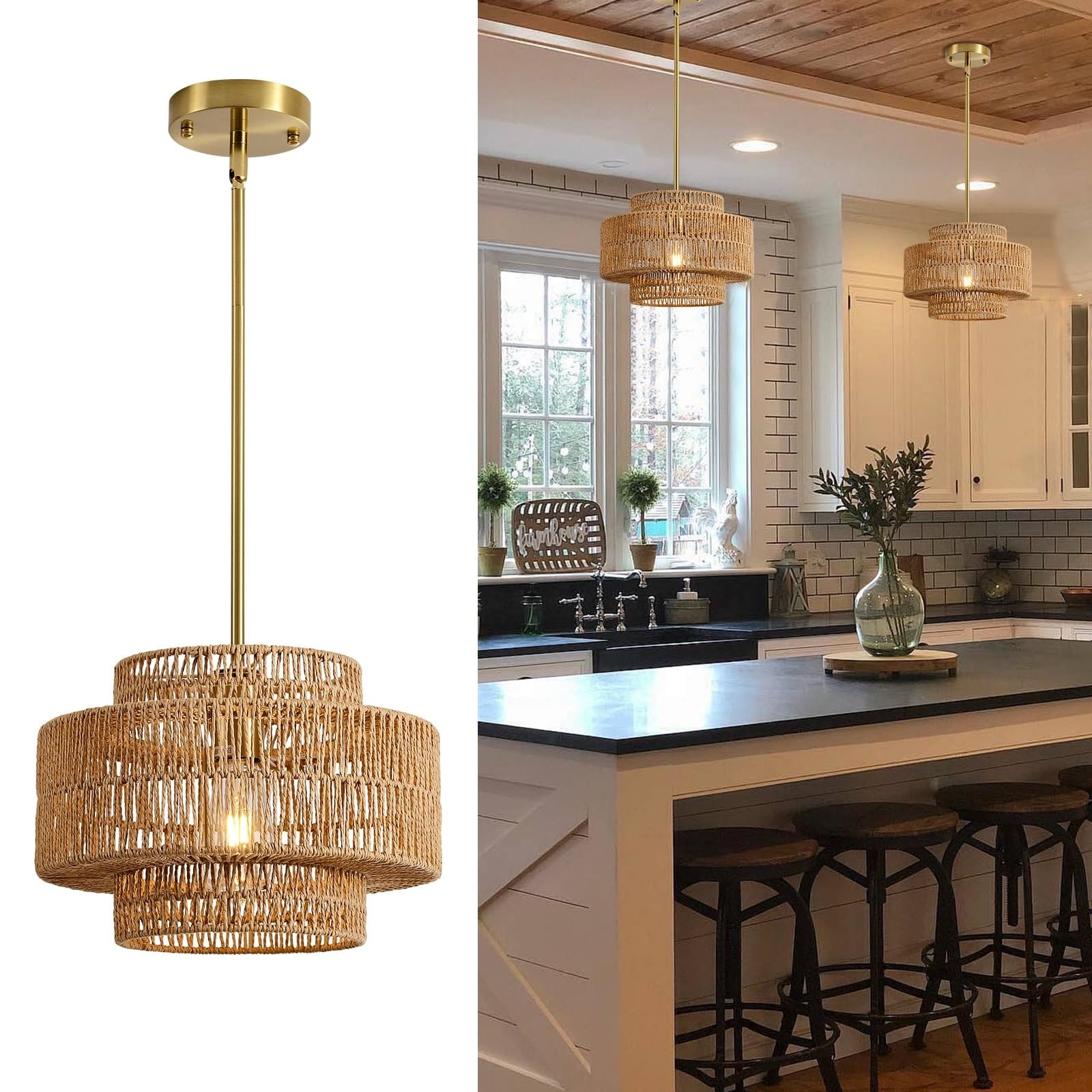 AOIZGMY Boho Rattan Chandelier Light Fixture 12 Inch Hand Woven Pendant Light Adjustable Height for Kitchen Island Bedroom Dining Room Living #L05AZ09003