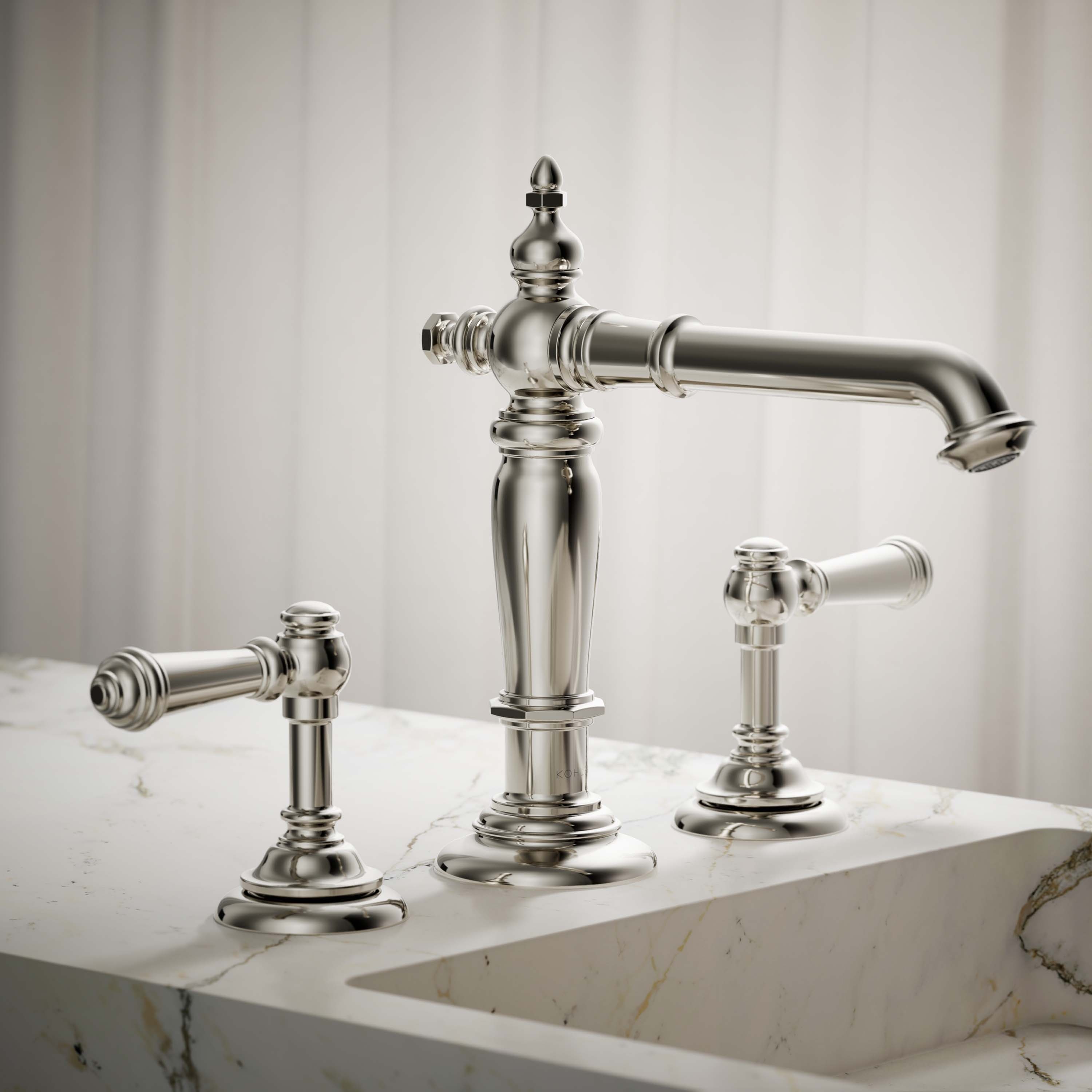 KOHLER 72760-SN Artifacts Vibrant Polished Nickel Widespread Sold separately WaterSense Low-arc Residential Handle Bathroom Sink Faucet with Drain