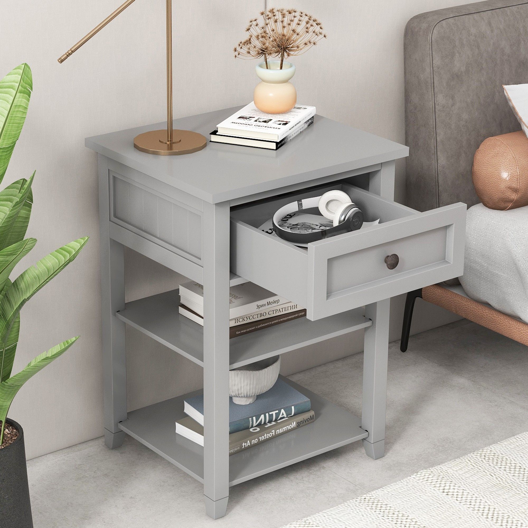 Yiekholo Contemporary Gray Wood Nightstand with 1 Drawer, 2 Shelves ...