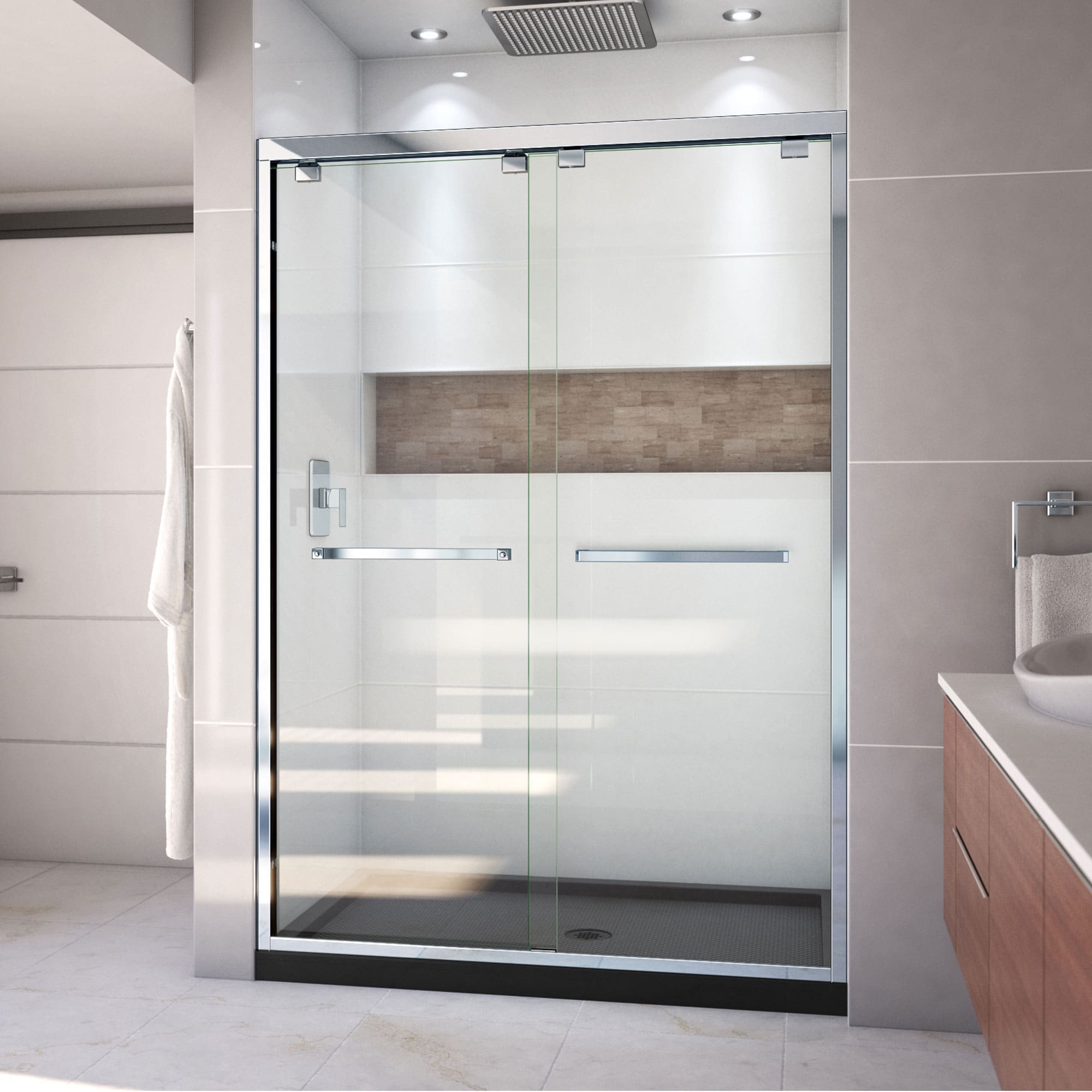 DreamLine DL-7003C-88-01 Encore 2 -Piece 32-in W x 54-in L x 79-in H Rectangular Alcove shower kit ( Center Drain) Base and Door Chrome Hardware Included