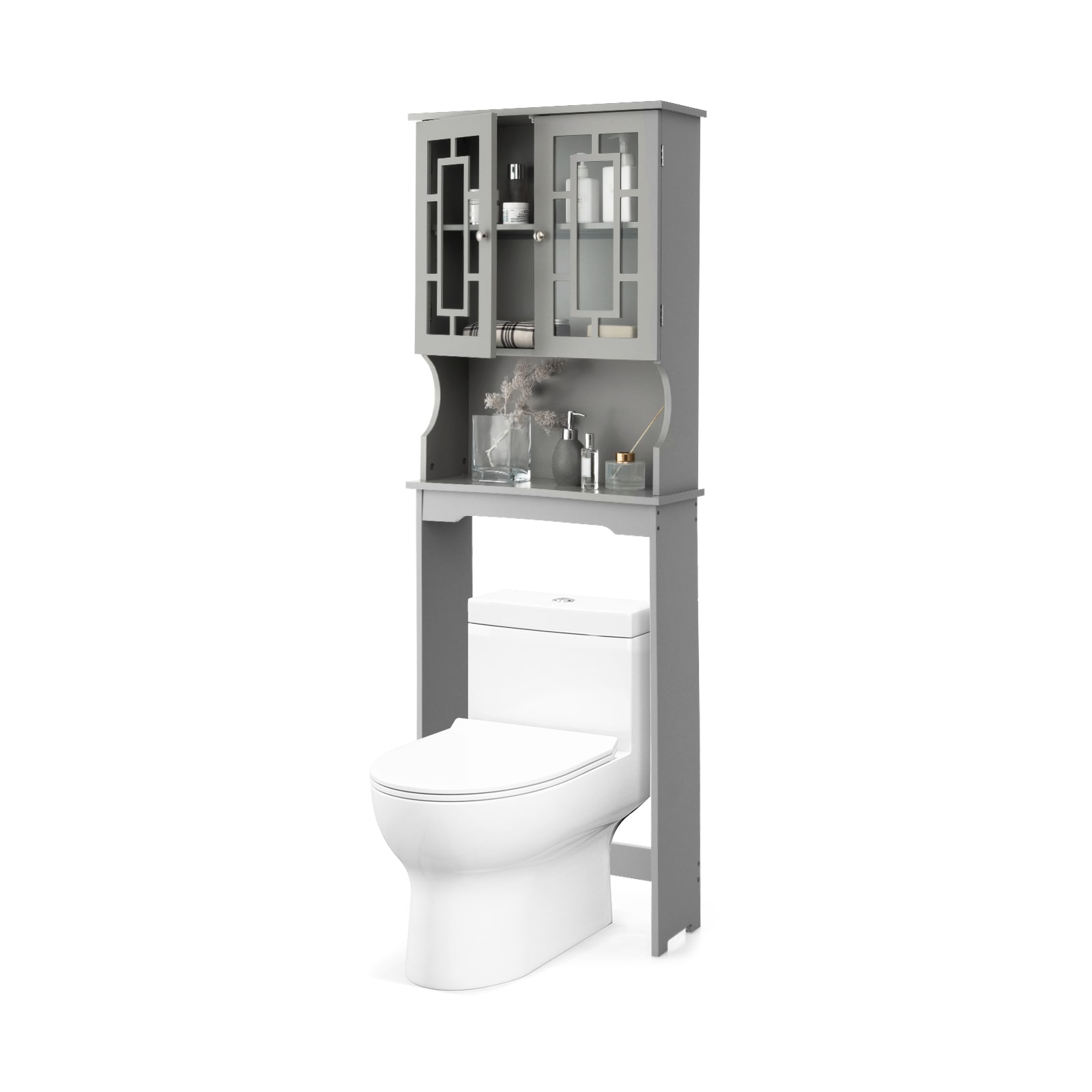 Slickblue D-CO-RG2047AB Bathroom Storage Tower with Open Cube Design and Damp-Proof Cabinet - 8.5x67x23.5 Grey 2-Shelf Over-the-Toilet Storage – Perfect for Bathroom or Guest Toilet