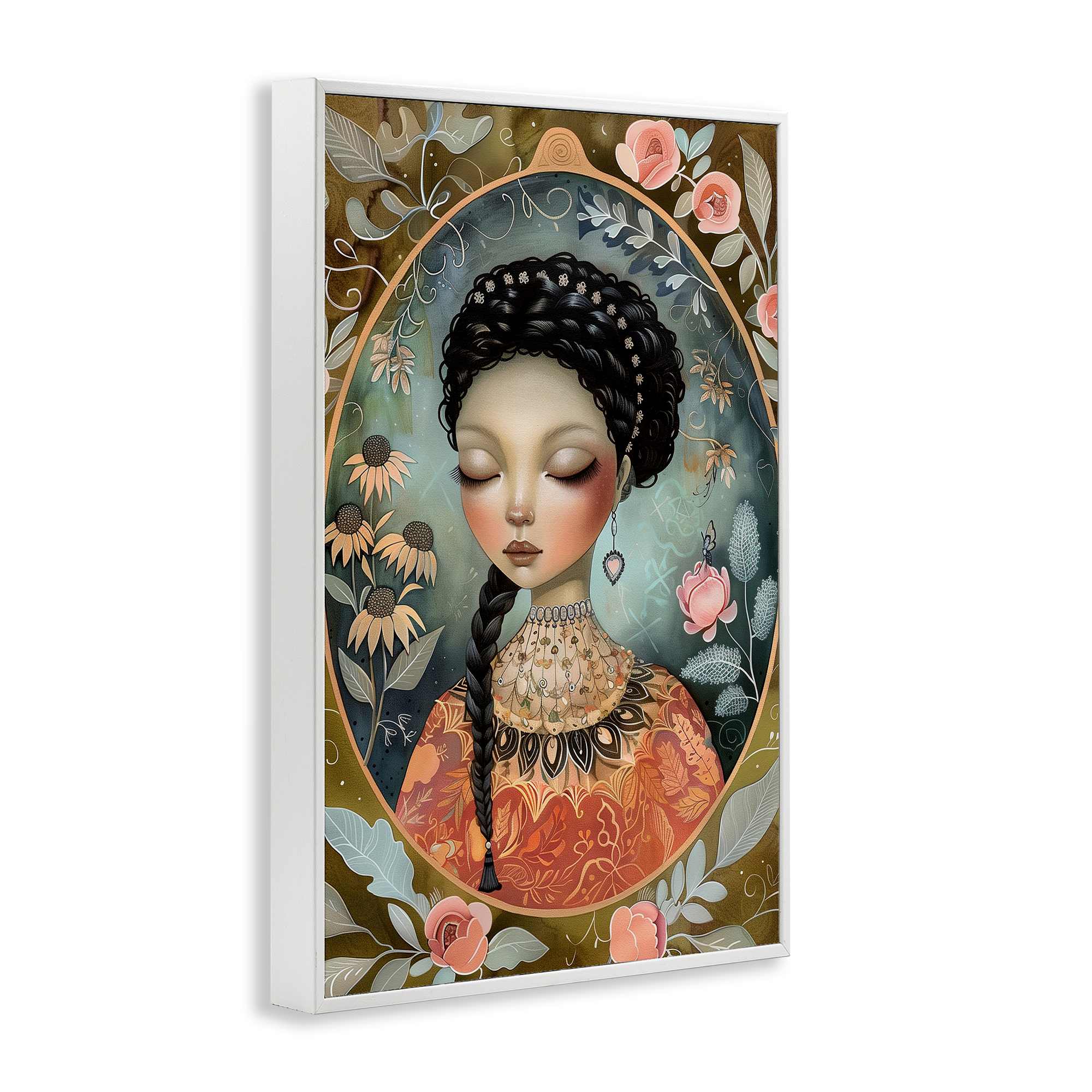 Stupell Industries Floral Edged Portrait of Woman White Framed Giclee ...