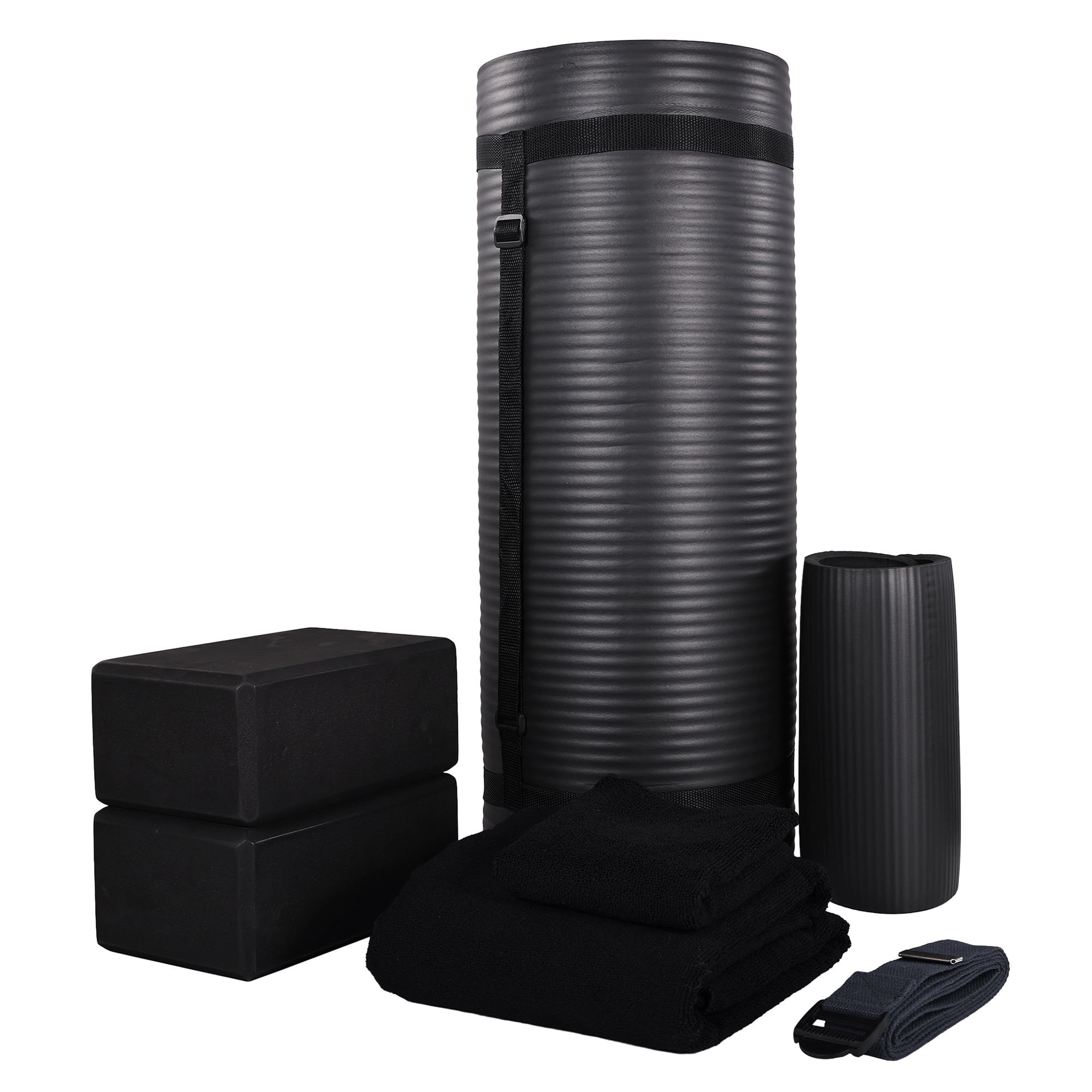 Balancefrom SP1INYK-01BLK Fitness 7 Piece Yoga Set with Mat  Stretch Strap  and Knee Pad  Black