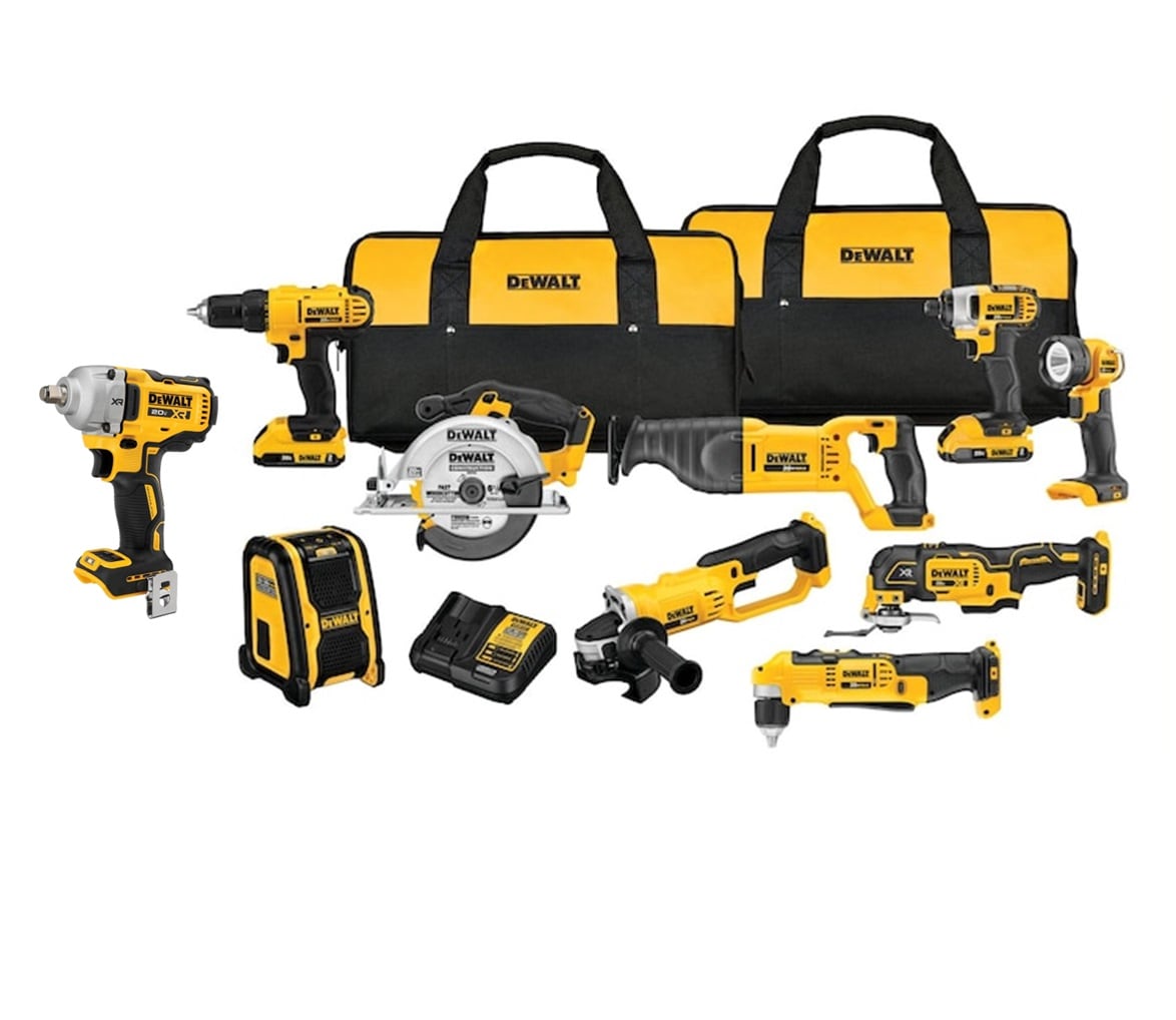 DEWALT 9-Tool 20-Volt Max Power Tool Combo Kit with Soft Case (2-Batteries and charger Included) and DEWALT XR 20-volt Max Variable Brushless 1/2-in