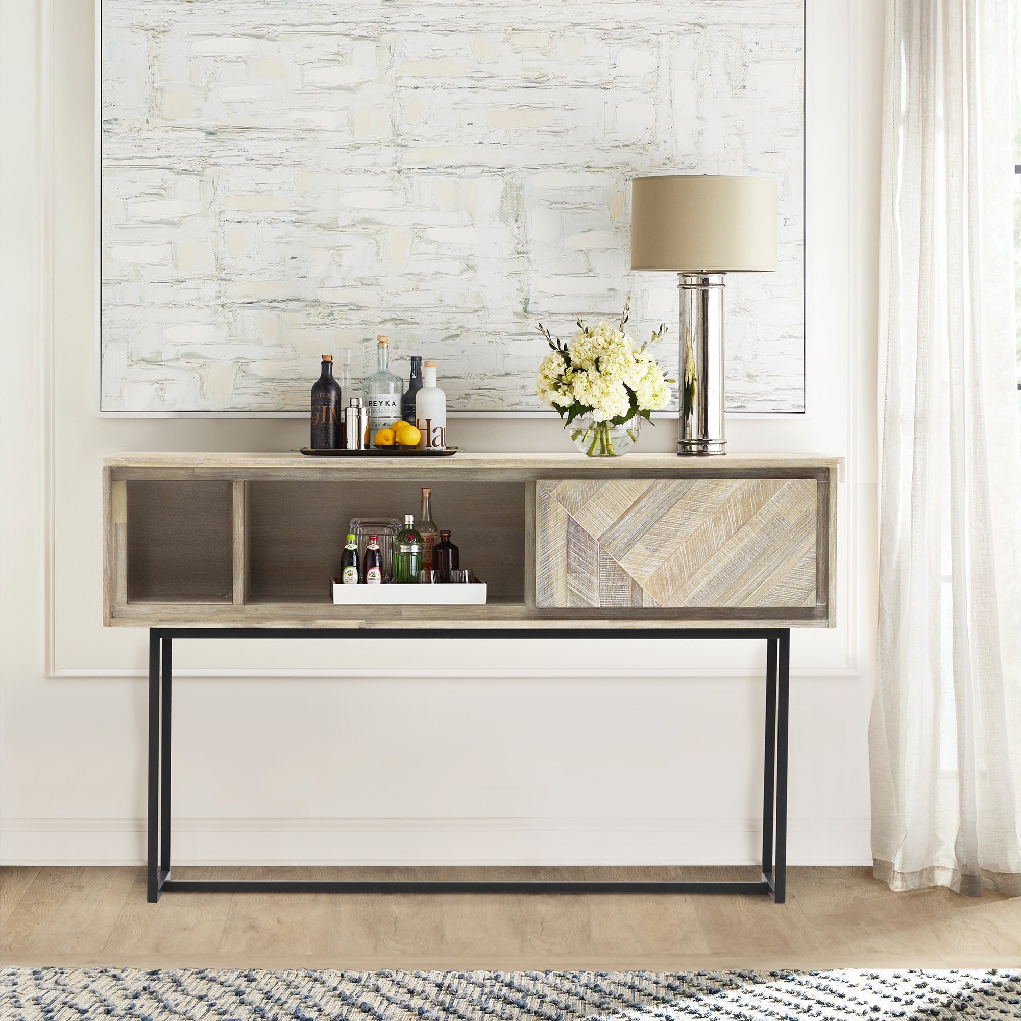 Transitional Beige Acacia Wood Console Table with Storage