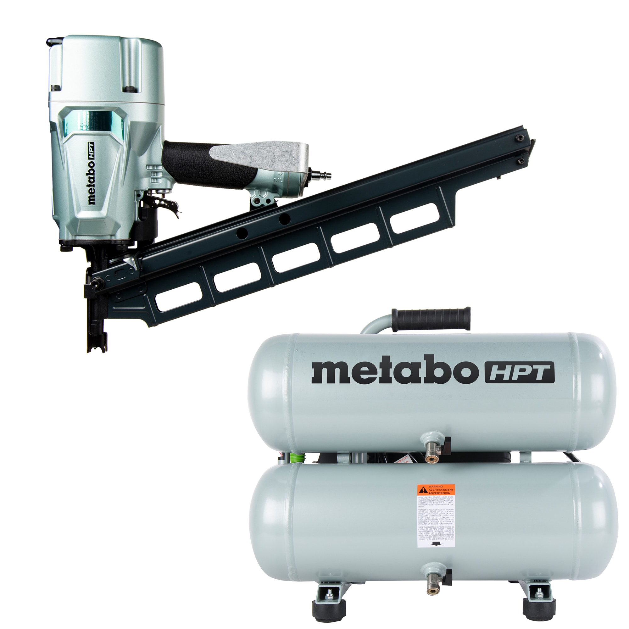 Metabo HPT 21-Degree Pneumatic Framing Nailer with 4-Gallon Single Stage Portable Electric Twin Stack Air Compressor