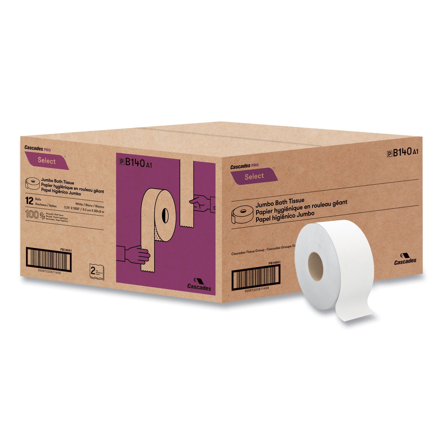 Cascades PRO Select Jumbo Bath Tissue Septic Safe 2 Ply 3.3 in x 1000 ft White 12 Rolls/Carton