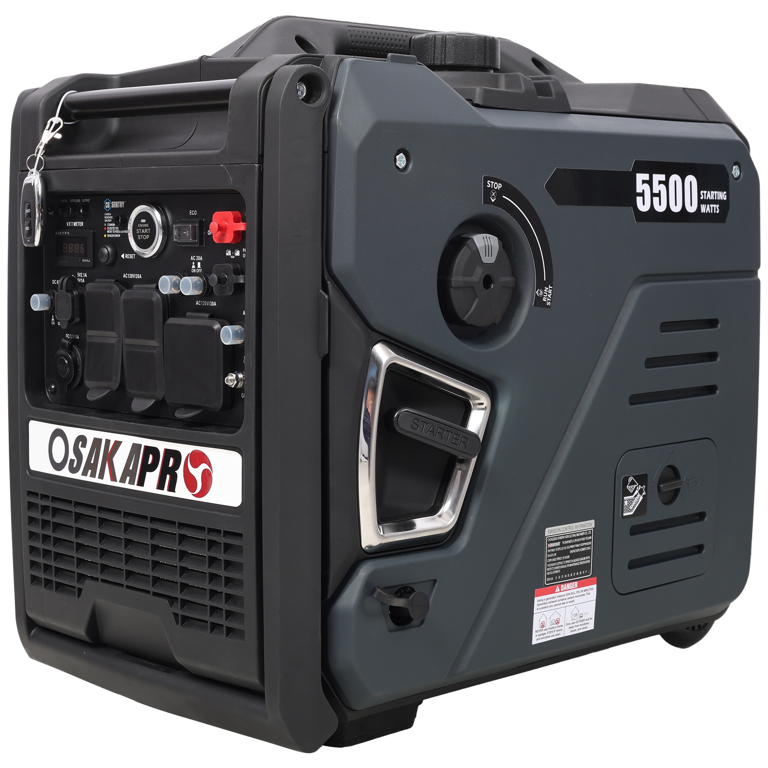 LOVMOR SF-Y-W465P236921 Super quiet Inverter Generator 5.5KW portable generator electric and remote start foldable handle with wheels 224cc 4 stroke EPA compliant Gas and LPG Dual Fuel With CO Sensor for more safety using