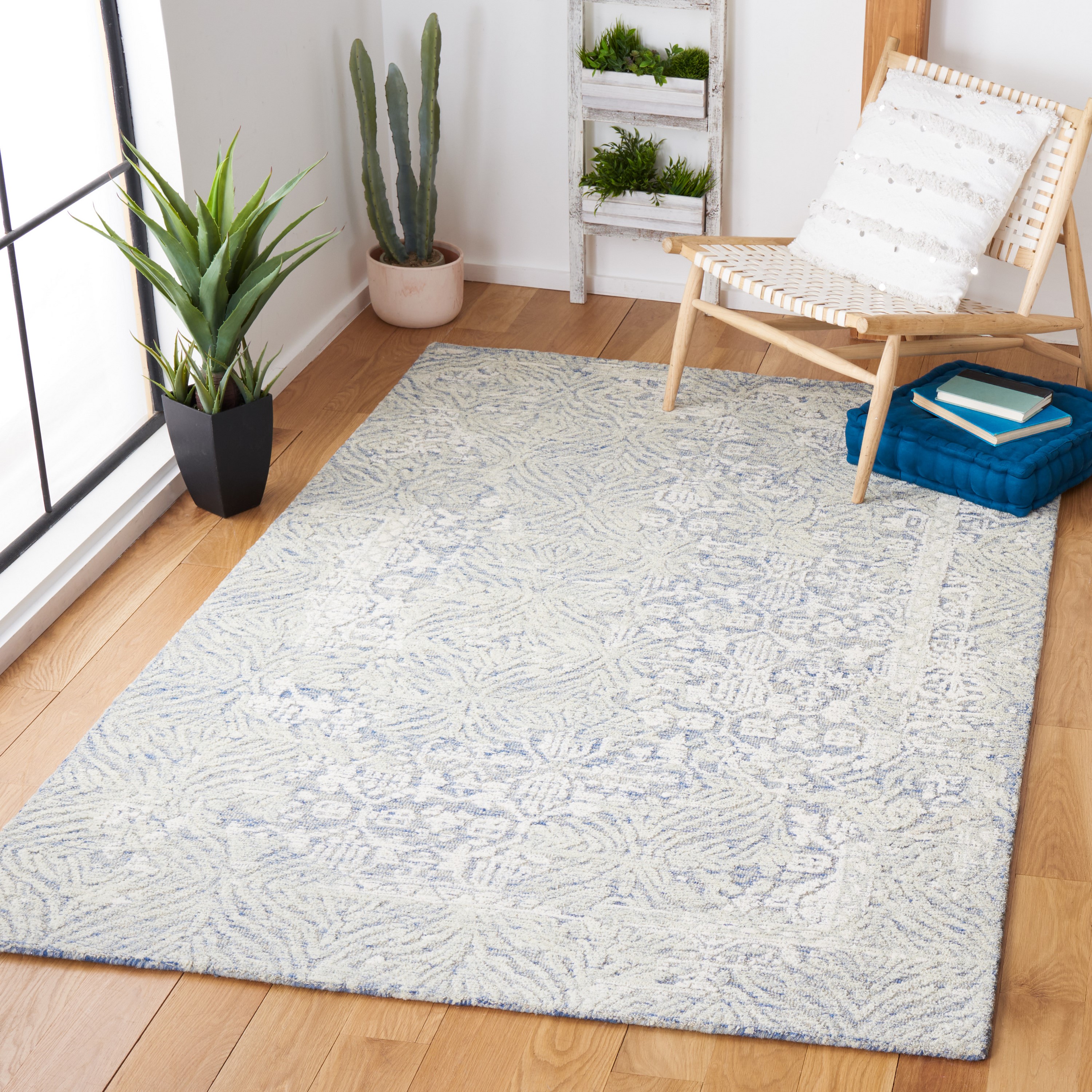 Safavieh MET905M-3 Metro Tiya 3 x 5 (ft) Tufted Wool Blue/Ivory Rectangular Indoor Distressed/Overdyed Farmhouse/Cottage Throw rug