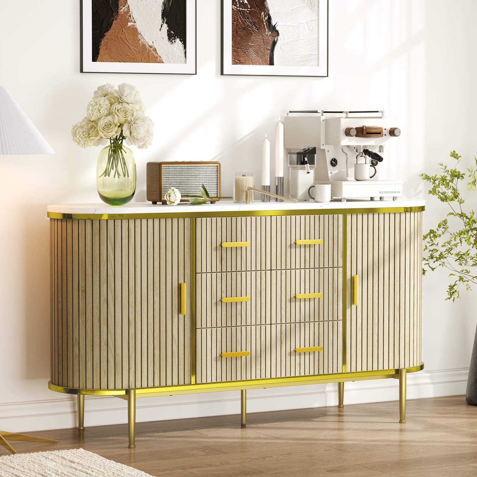 Aoile 59-in Oak Fluted Sideboard with 6 Drawers 2 Sliding Doors Faux Marble Top TV Console Storage Cabinet for Living Room Entryway Hallway